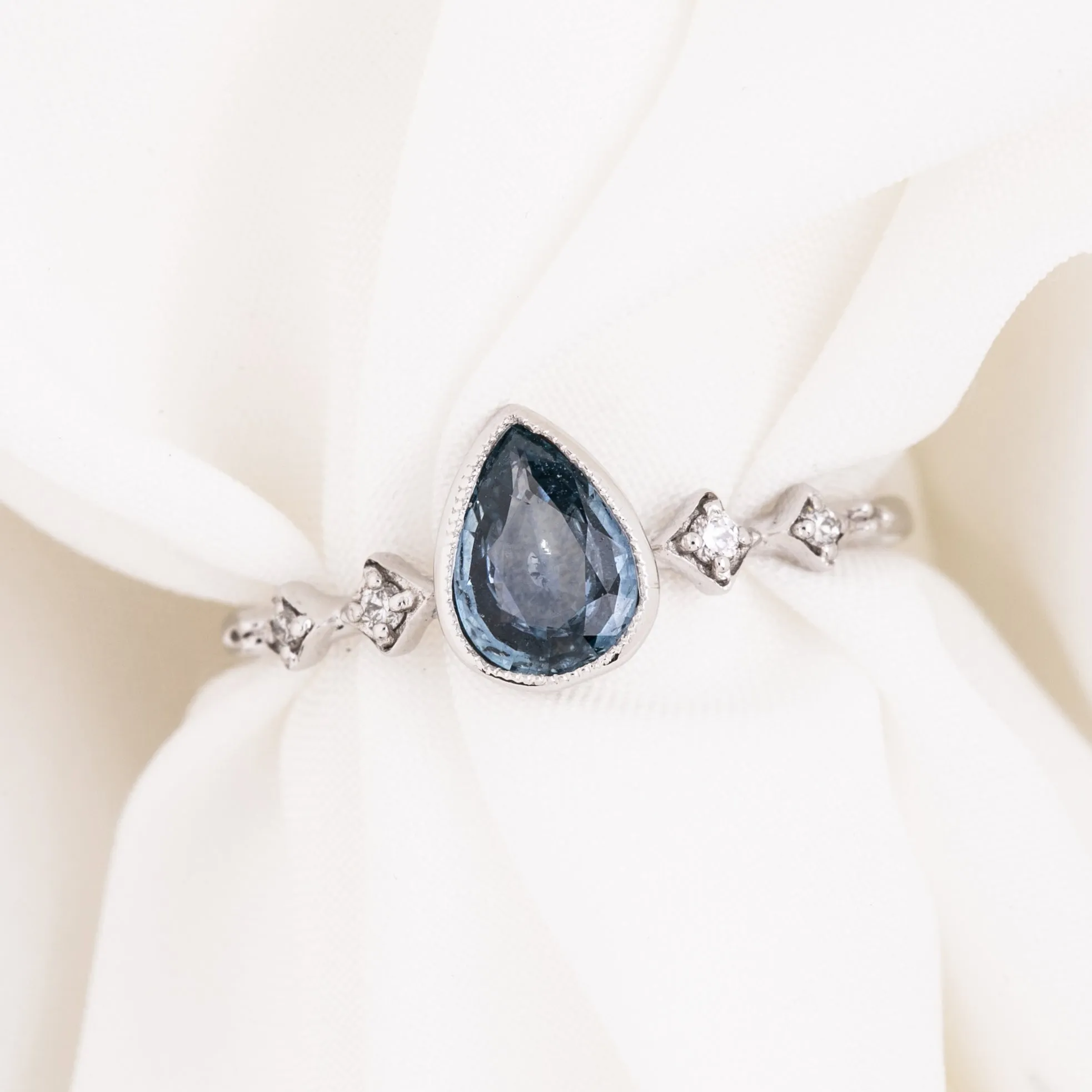 Celeste Ring 0.62ct Light Blue Green Montana Pear Sapphire, 14k White Gold (One of a kind)