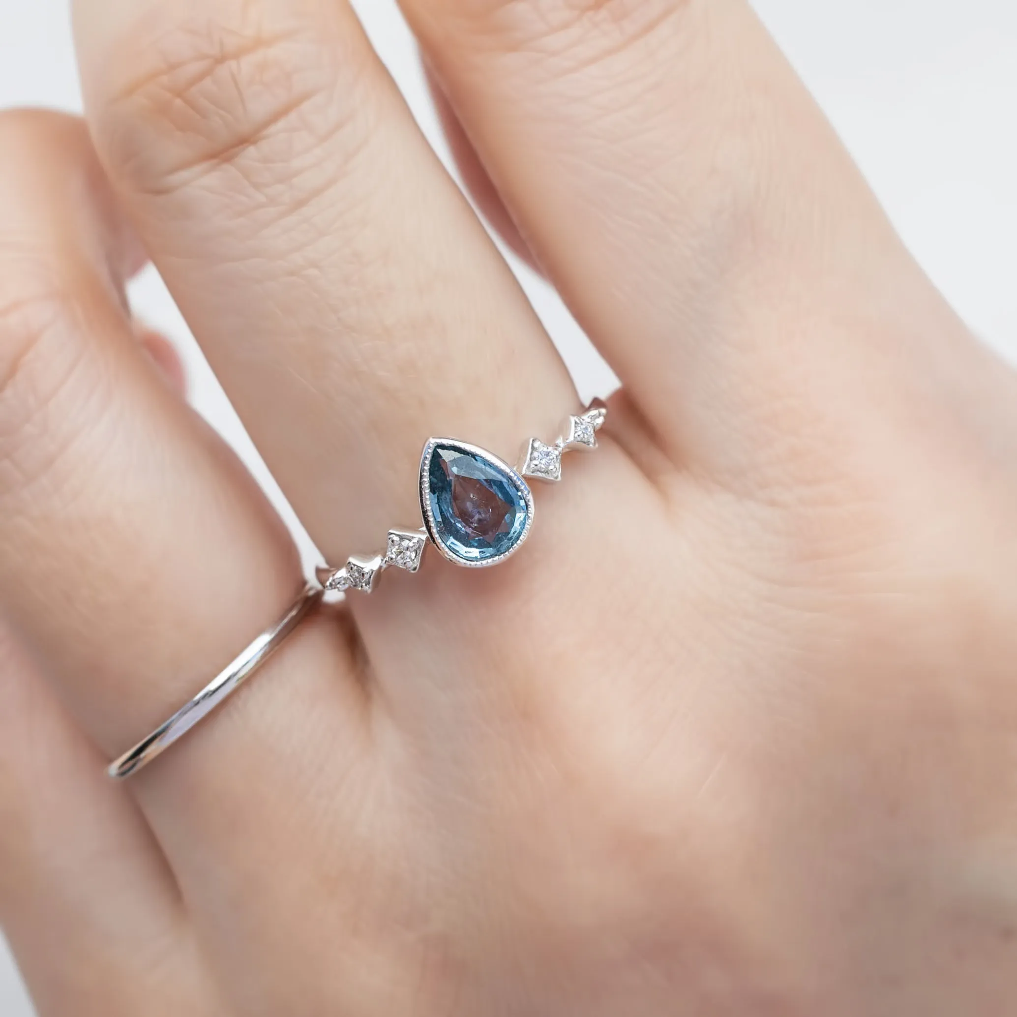 Celeste Ring 0.62ct Light Blue Green Montana Pear Sapphire, 14k White Gold (One of a kind)