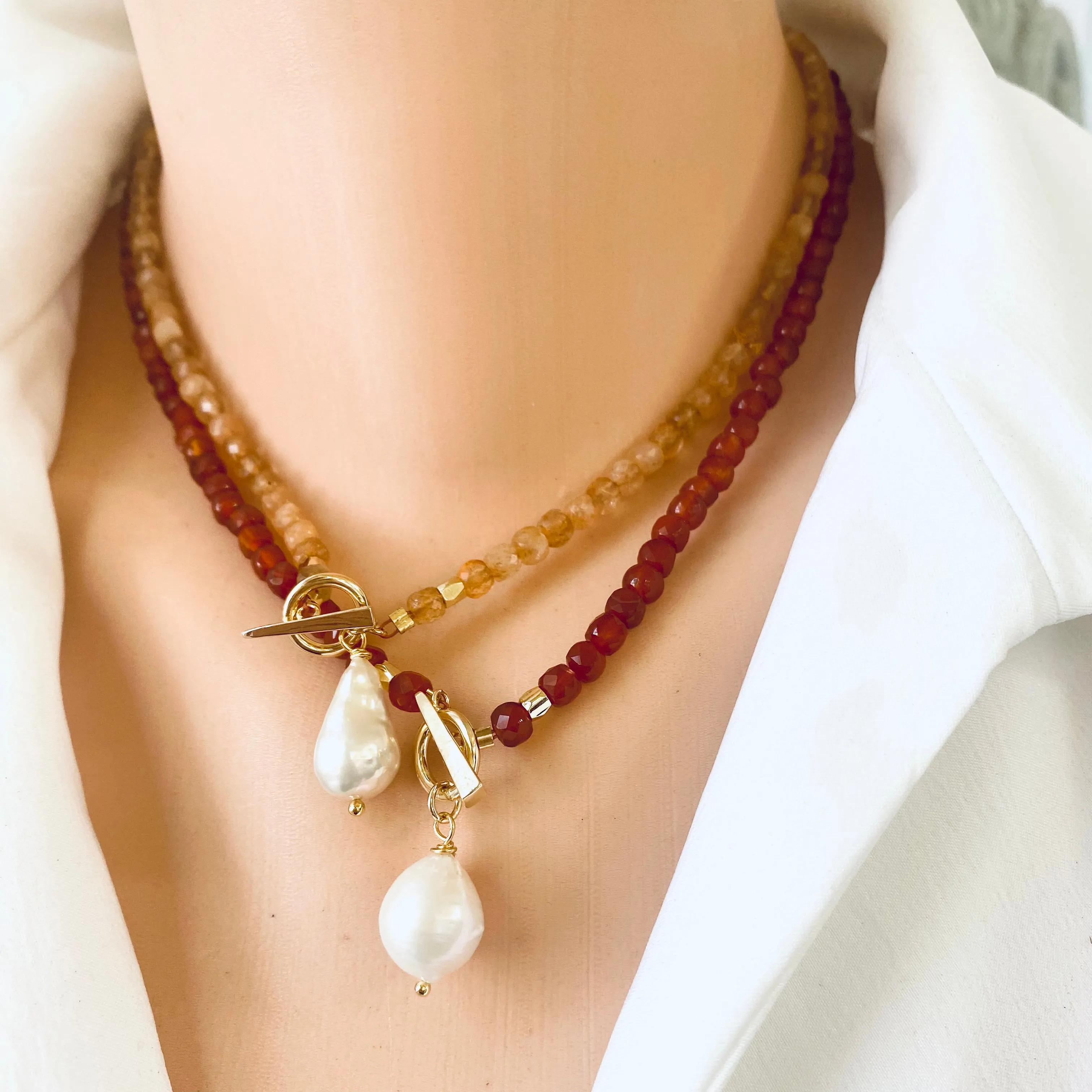 Citrine Toggle Necklace with Baroque Pearl Pendant, November Birthstone, 16inch