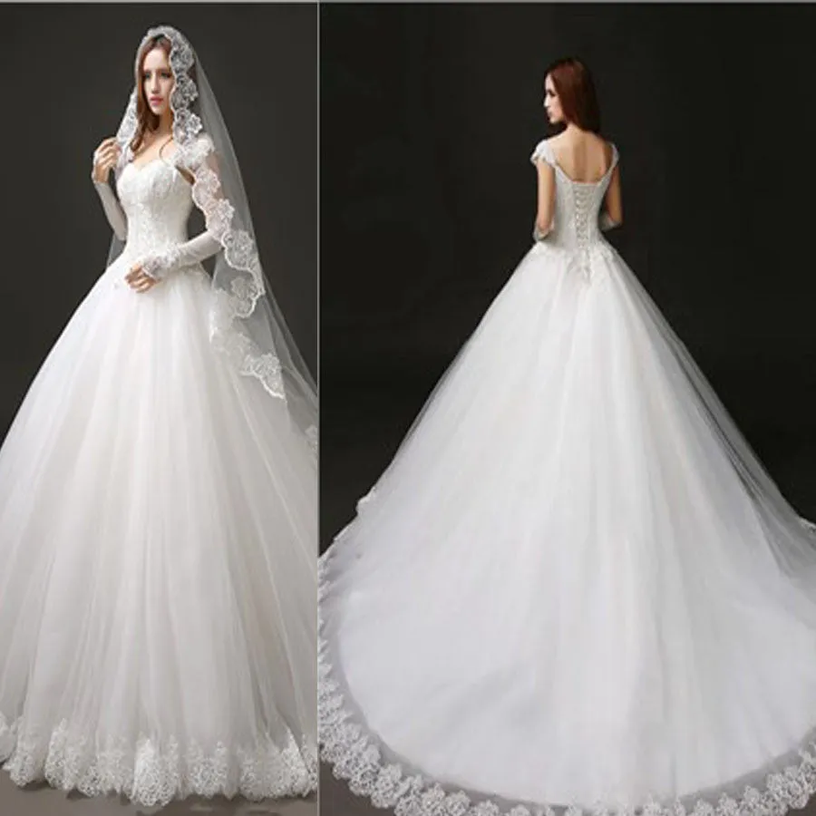 Classic Style Cap Sleeve Lace Top Ball Gown Lace Up Wedding Dresses, WD0157