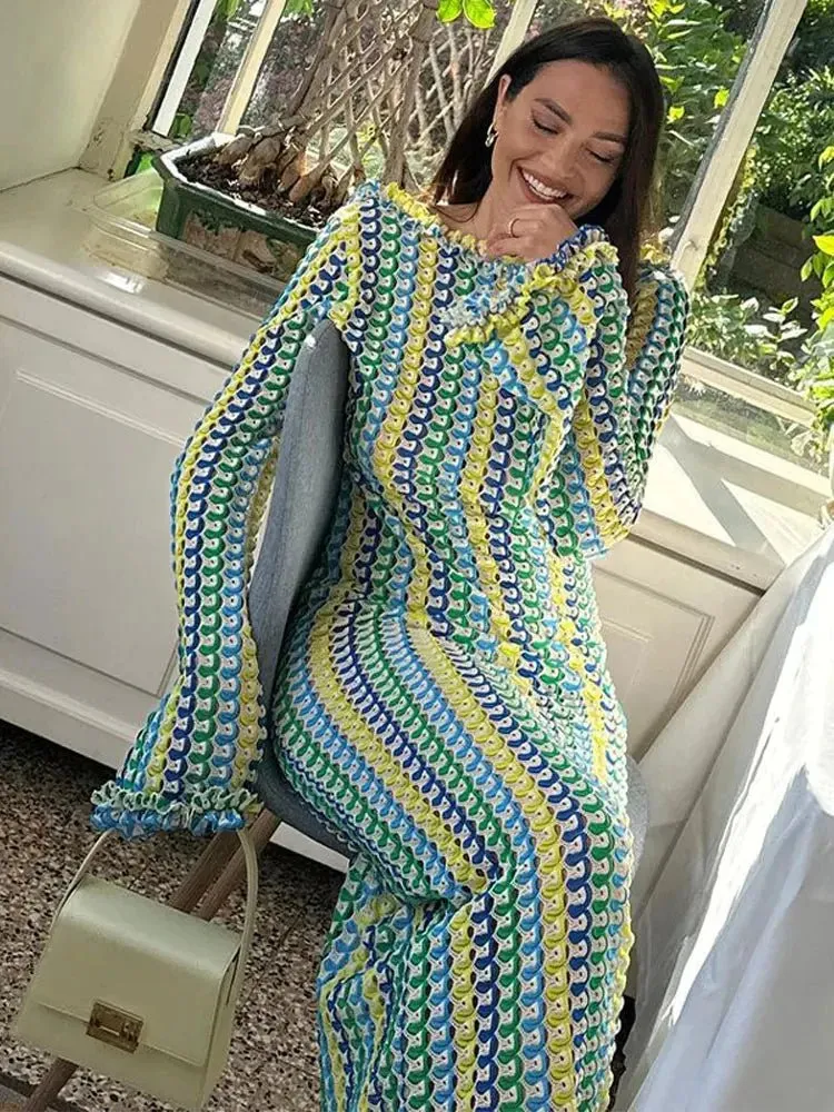 Crochet Knit Maxi Print Dress