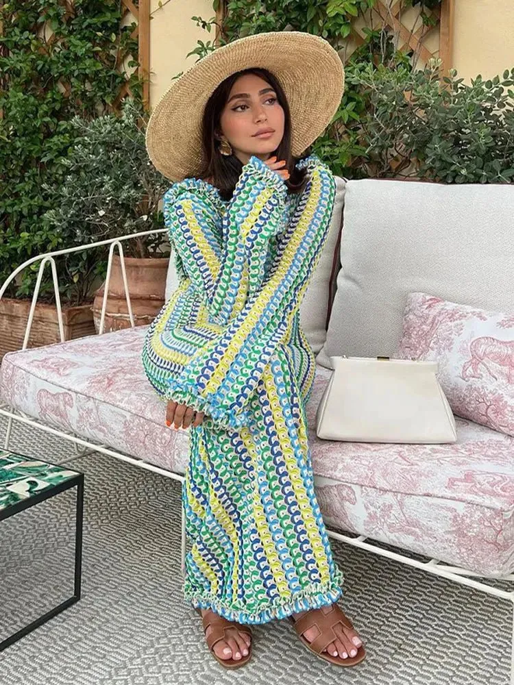 Crochet Knit Maxi Print Dress