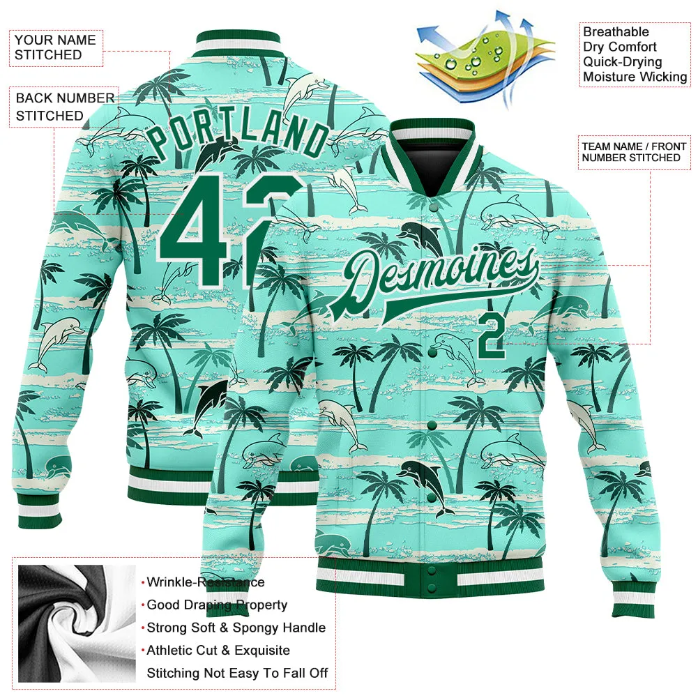 Custom Aqua Kelly Green-White Hawaii Palm Trees 3D Pattern Design Bomber Full-Snap Varsity Letterman Jacket