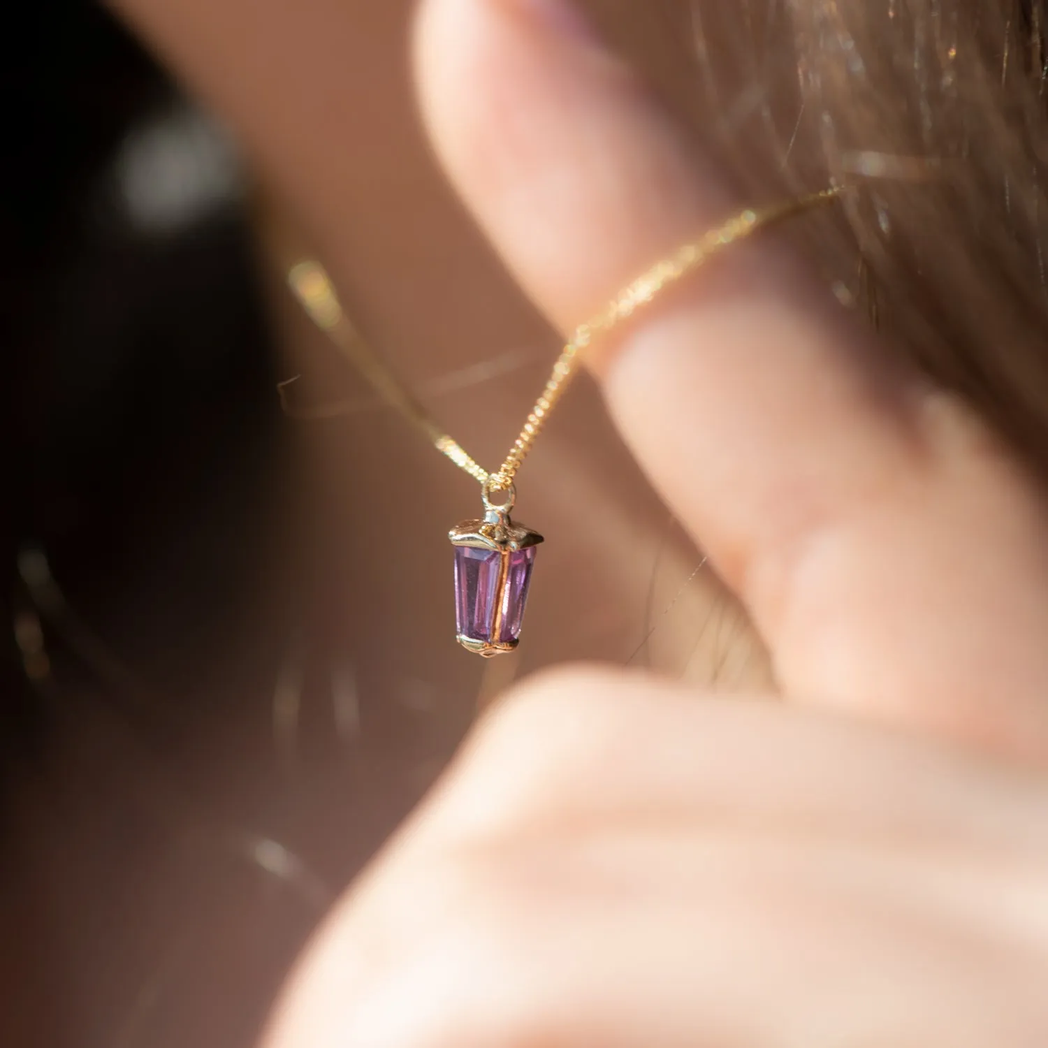 Dainty Lilac Sapphire Lantern Pendant in Solid Gold