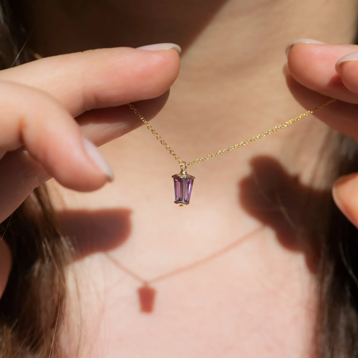 Dainty Lilac Sapphire Lantern Pendant in Solid Gold