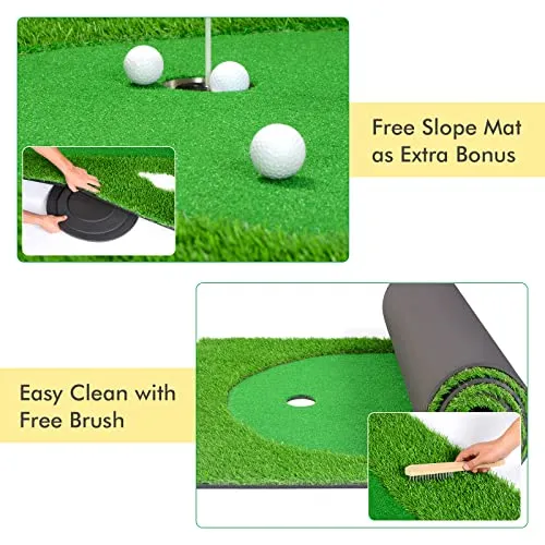 Deluxe Putting Green Bundle - 5x10 Foot Putting Green, Slope, Brush, Balls & Putter