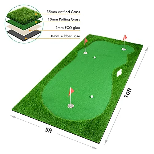 Deluxe Putting Green Bundle - 5x10 Foot Putting Green, Slope, Brush, Balls & Putter