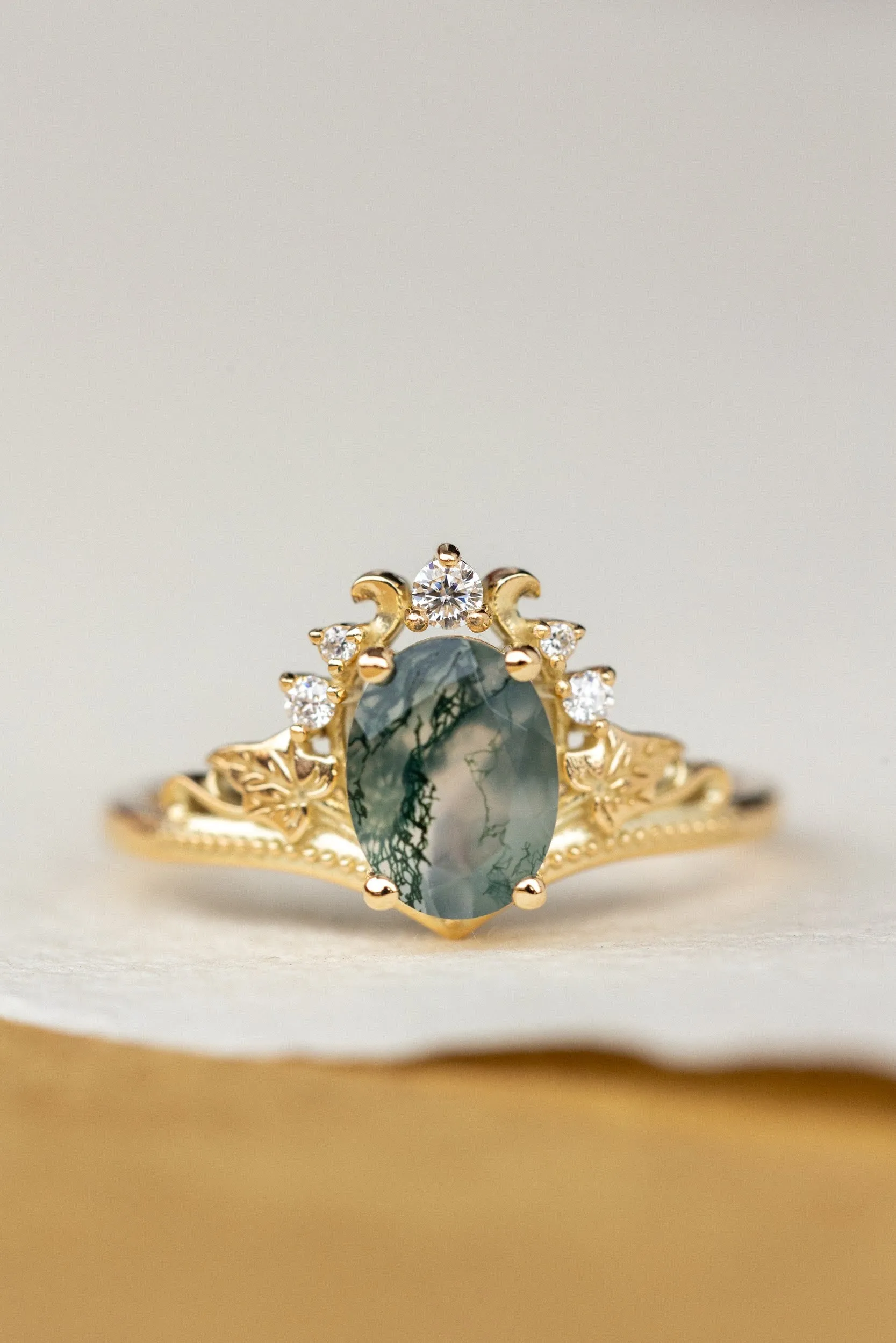 Dendritic moss agate engagement ring, gold ivy leaves proposal ring with accents diamonds / Ariadne