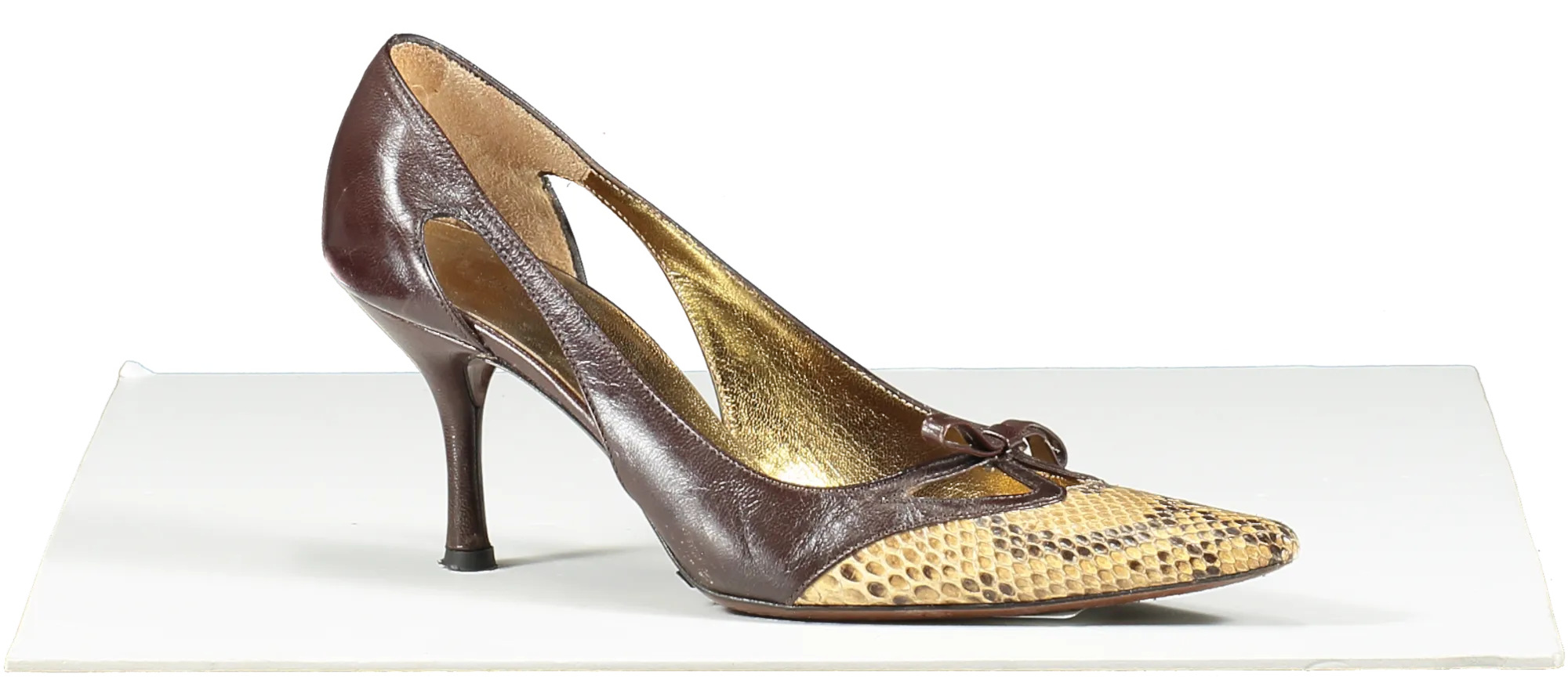 Dolce & Gabbana Vintage Brown Leather & Python Bow Detail Pointed Toe Heels UK 2 EU 35 👠