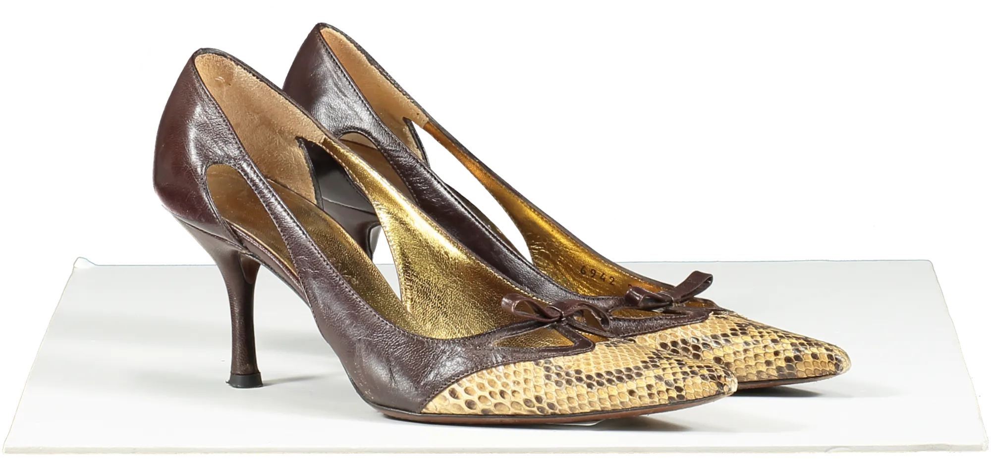 Dolce & Gabbana Vintage Brown Leather & Python Bow Detail Pointed Toe Heels UK 2 EU 35 👠