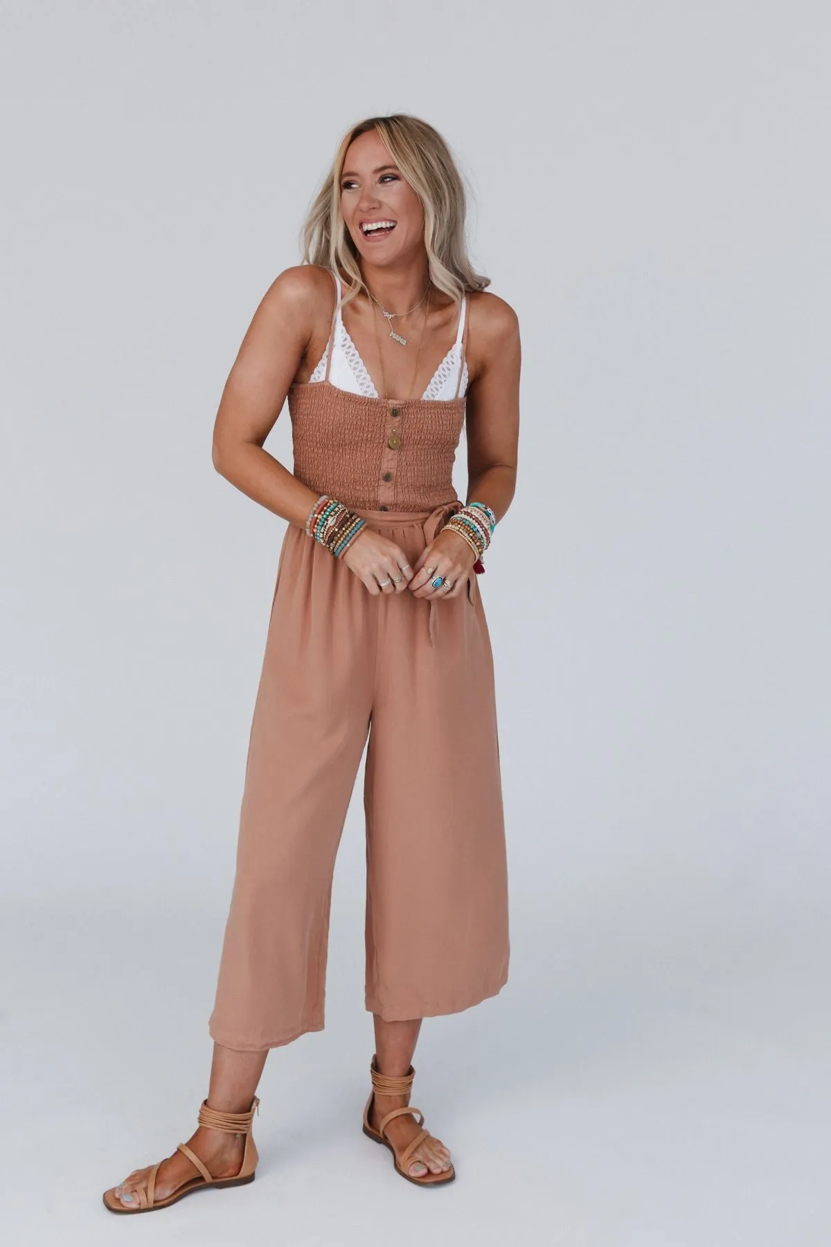 East Side Smocked Jumpsuit - Camel