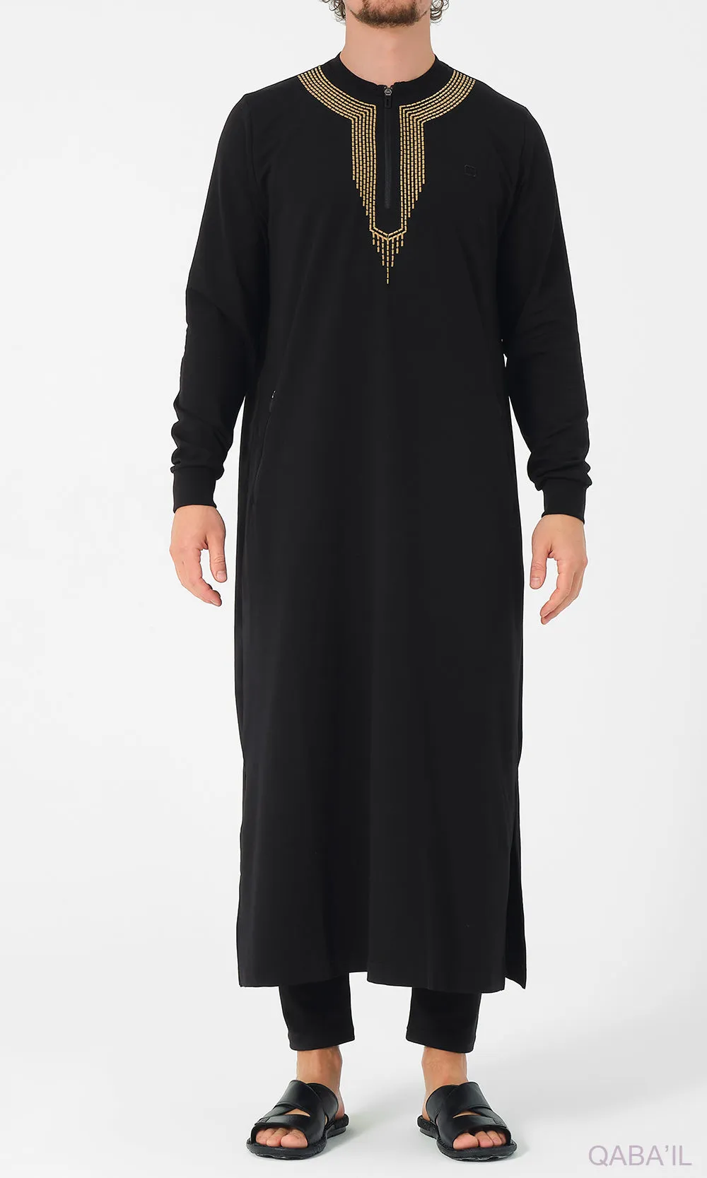 Embroidered Long Thobe for Muslim Men Kamees Sham R24 QL in Black