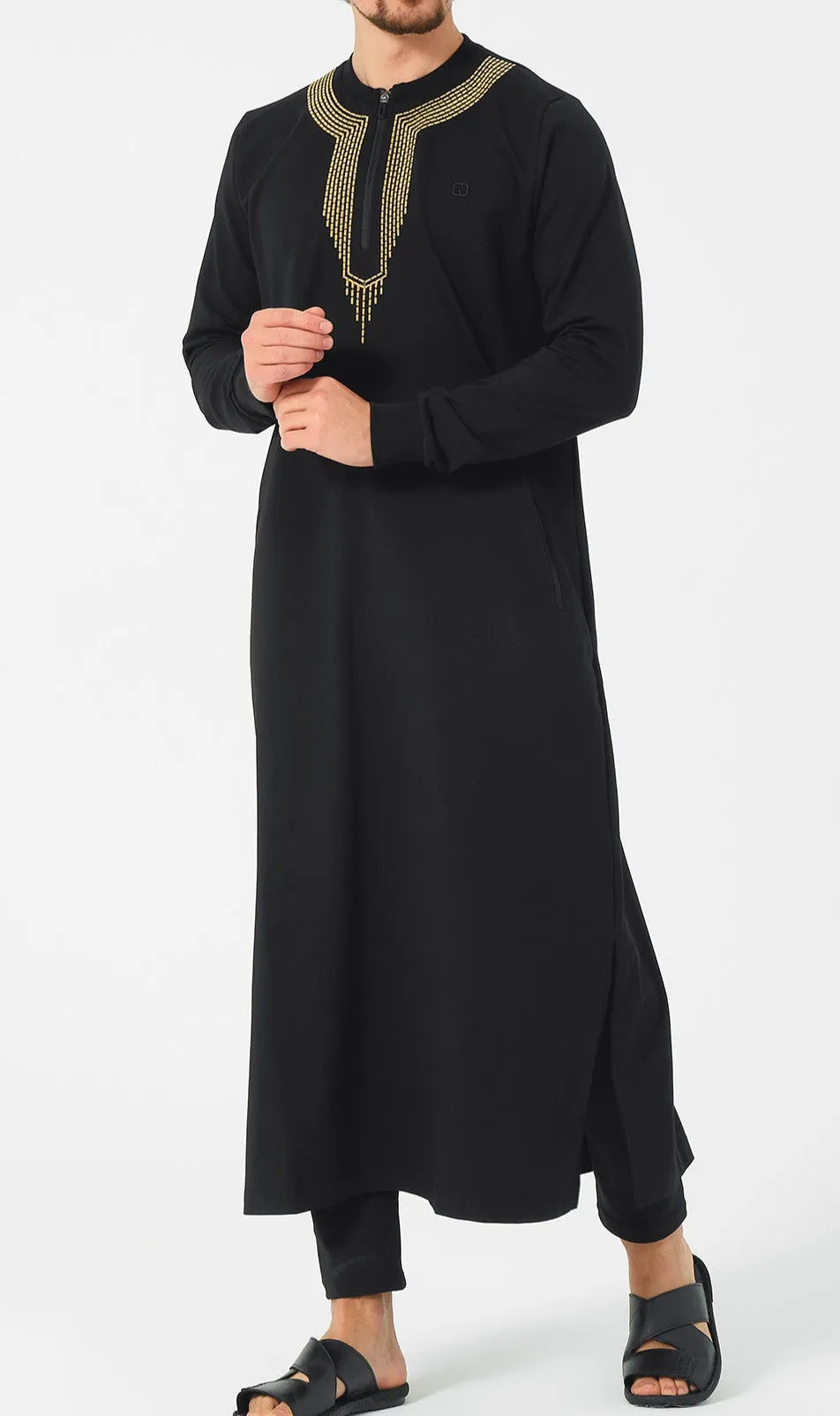 Embroidered Long Thobe for Muslim Men Kamees Sham R24 QL in Black