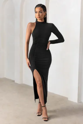 Follow Me | Black High Neck One Sleeve Maxi Dress With Side Ruching