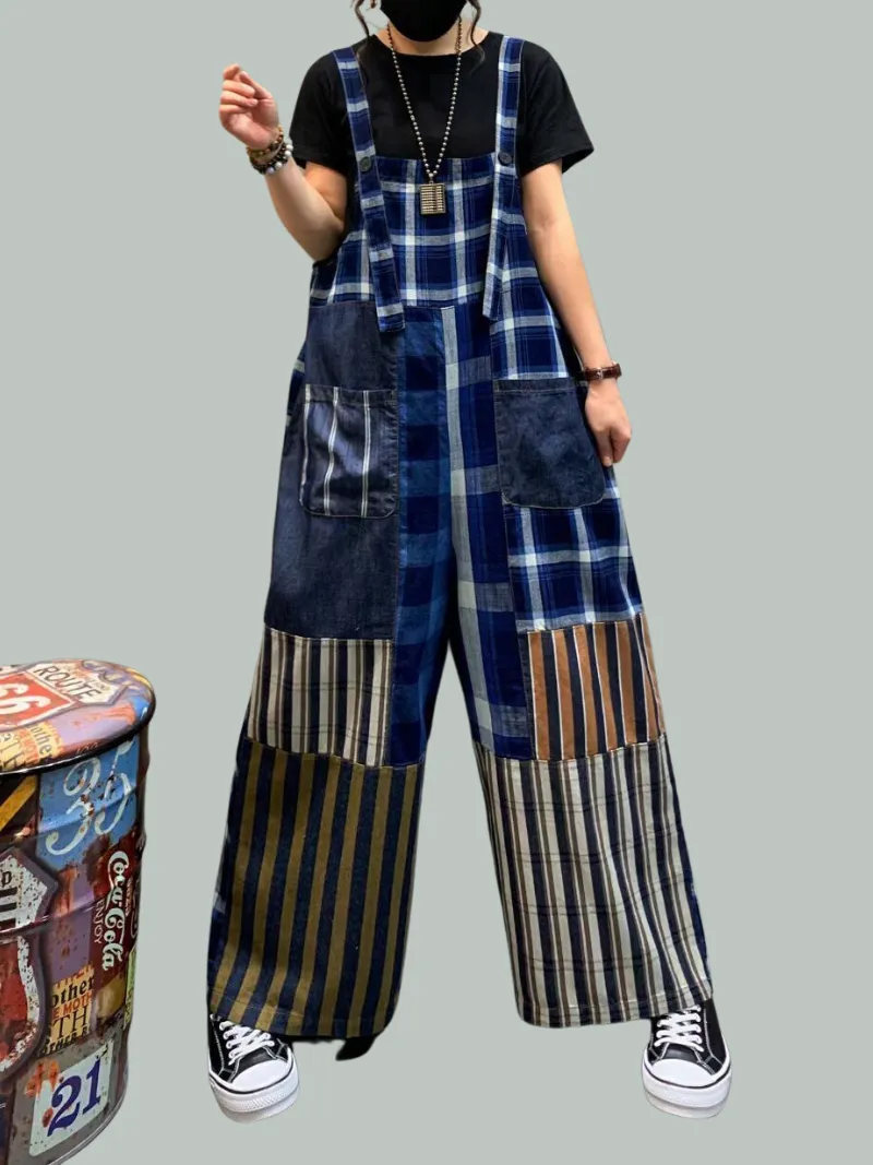 Front & Back Pockets Striped Overalls Dungarees for Women