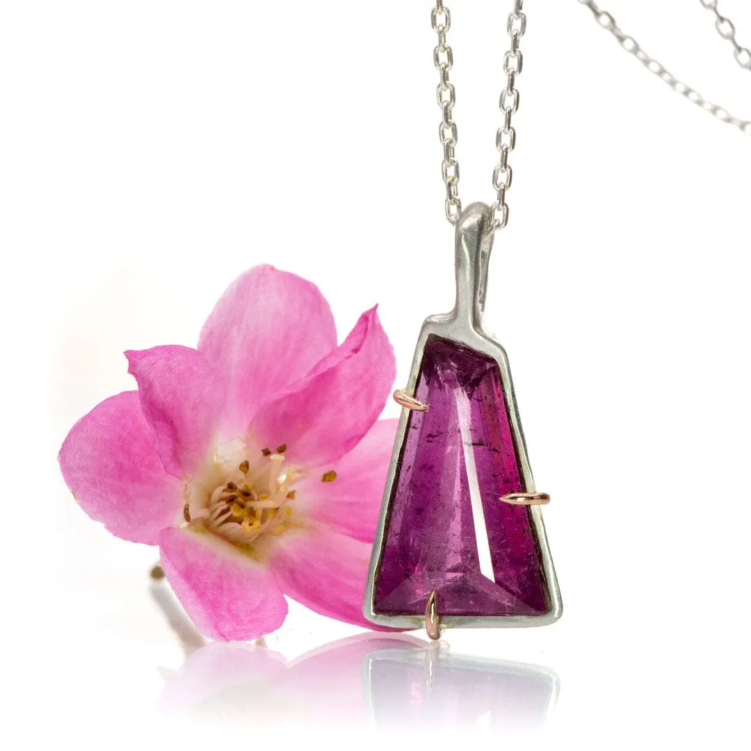 Geometric Rubellite Tourmaline Necklace in Sterling Silver and 14k Rose Gold , Ready to ship