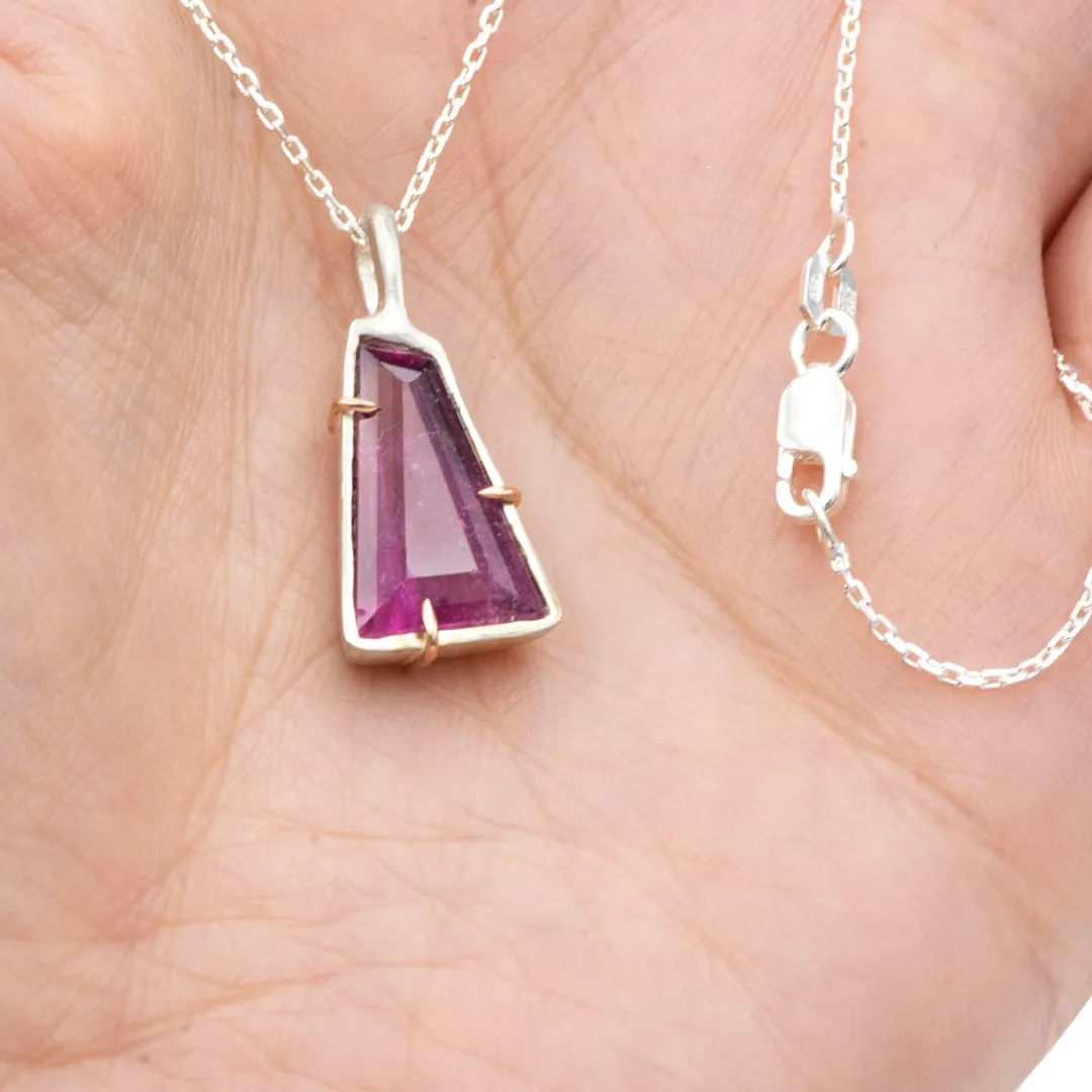 Geometric Rubellite Tourmaline Necklace in Sterling Silver and 14k Rose Gold , Ready to ship