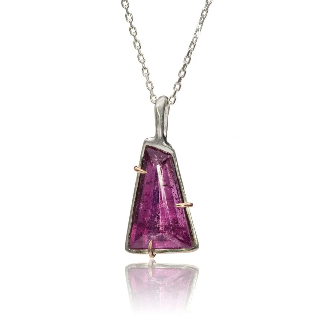 Geometric Rubellite Tourmaline Necklace in Sterling Silver and 14k Rose Gold , Ready to ship