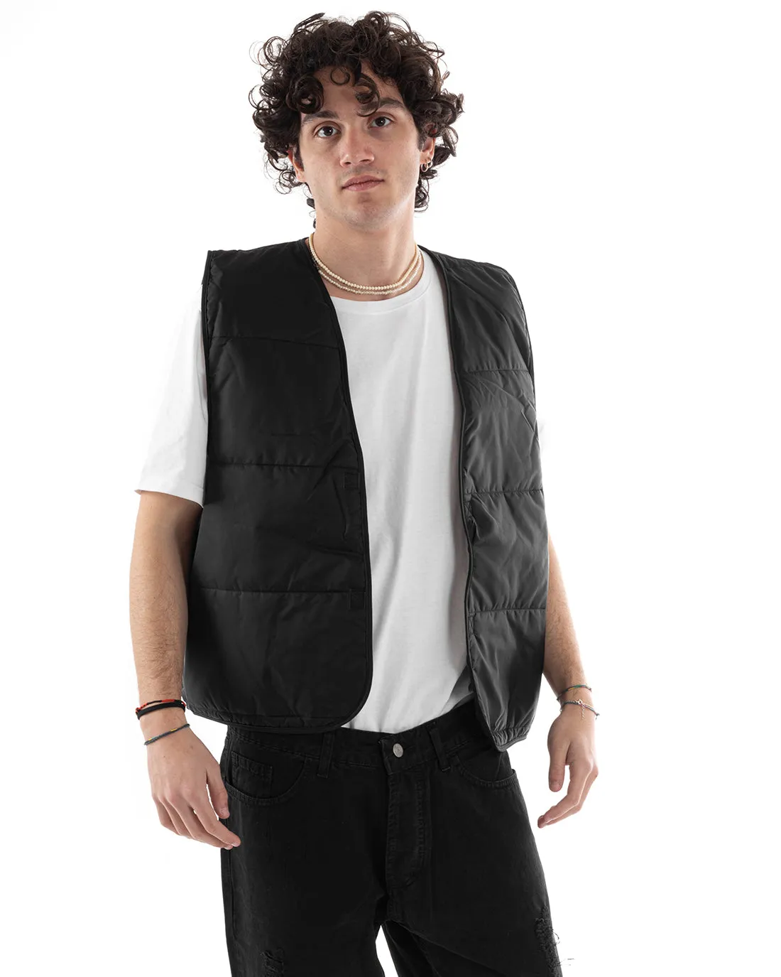 Gilet Uomo Tinta Unita Nero Giromaniche Casual Giubbotto Oversize GIOSAL-G3038A