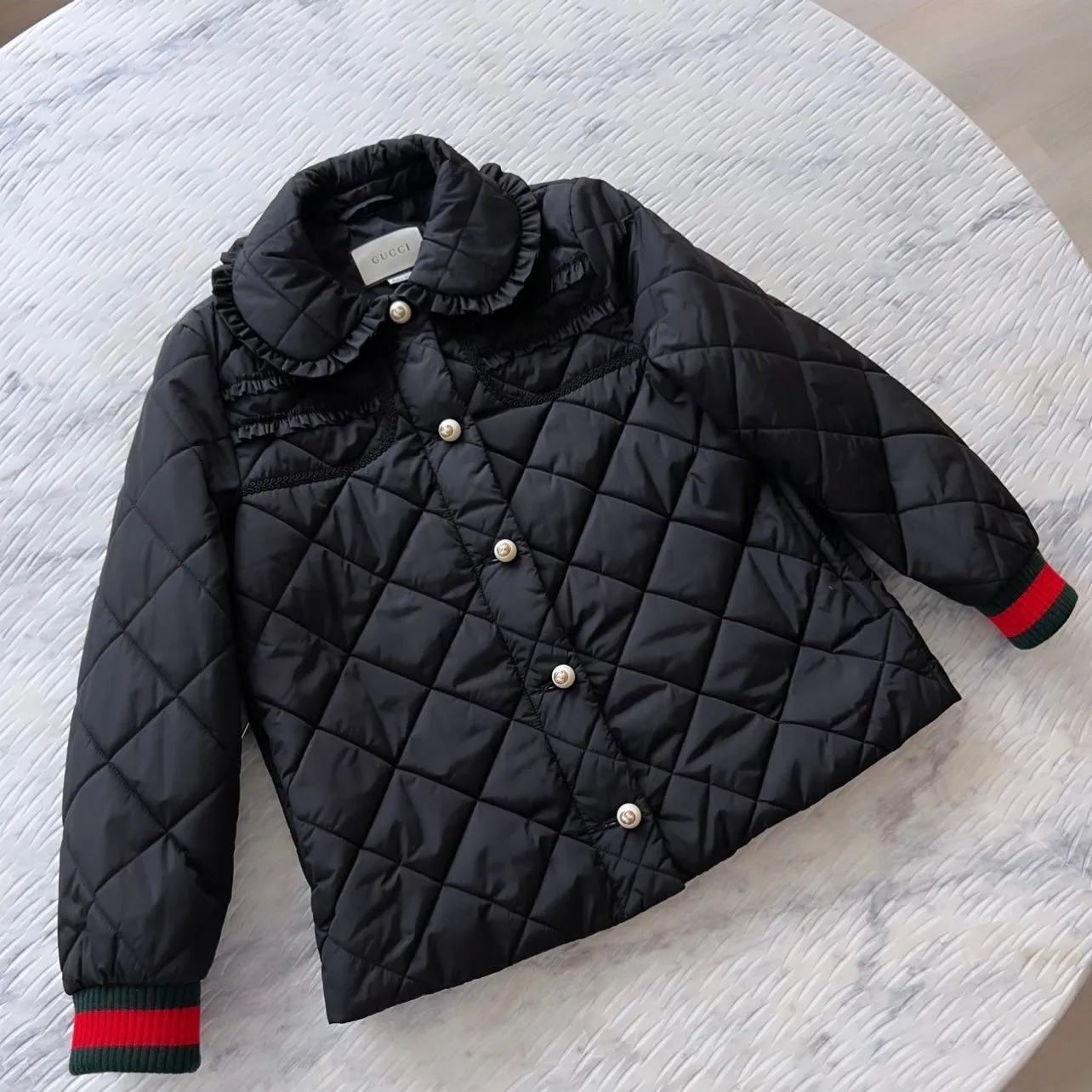 Gucci Black Ruffle Pearl Quilted Jacket