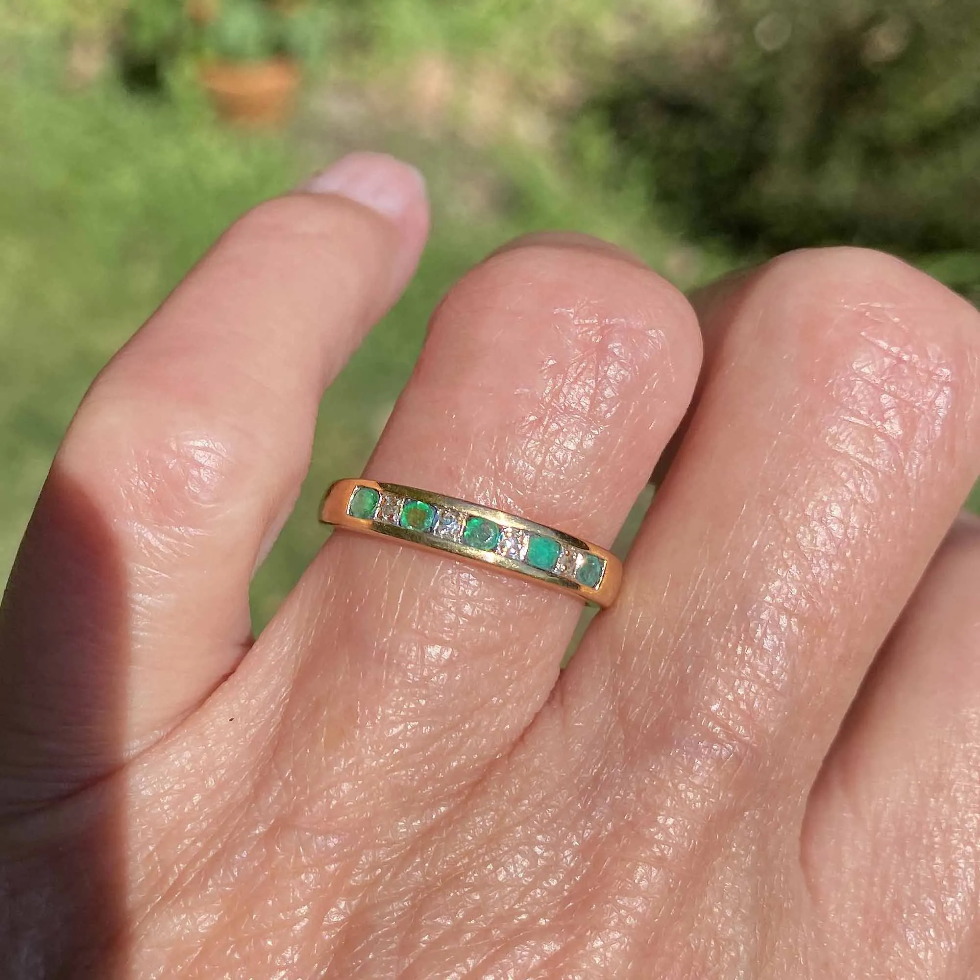 Half Eternity Emerald Diamond Ring Band in Gold