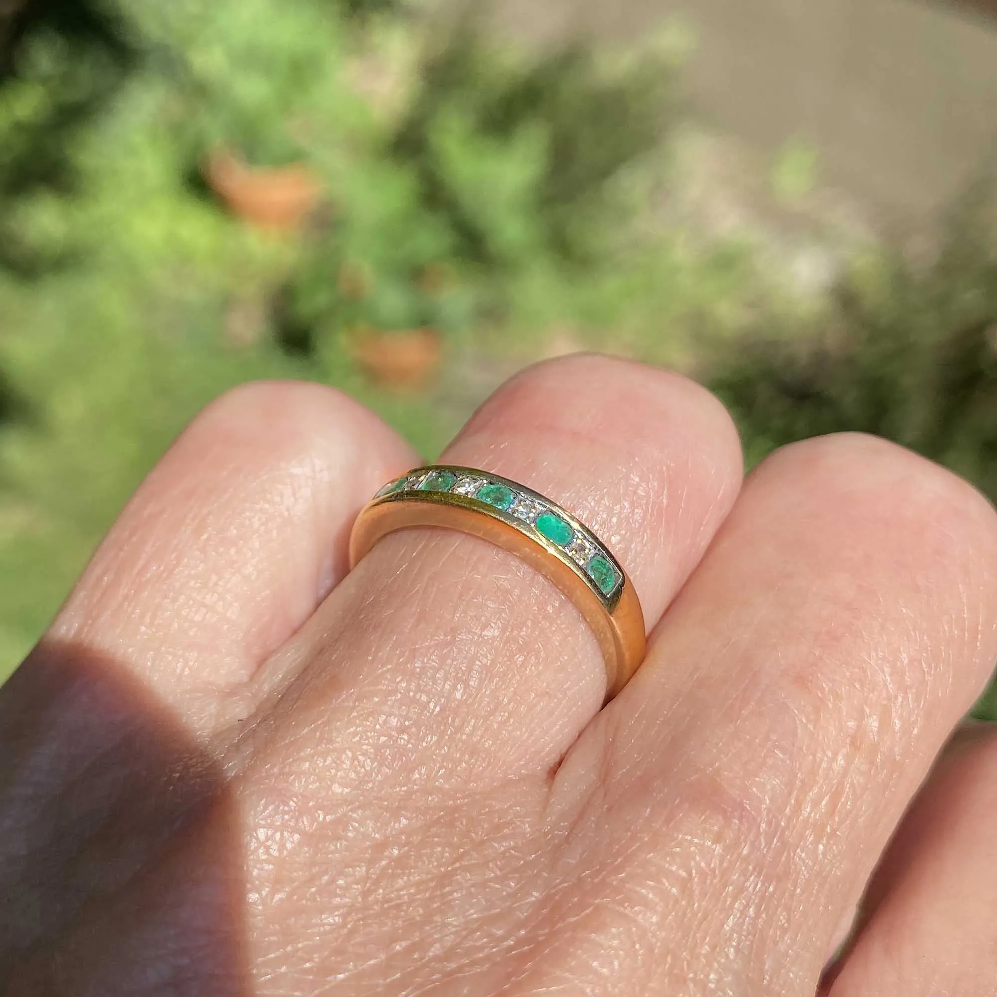 Half Eternity Emerald Diamond Ring Band in Gold