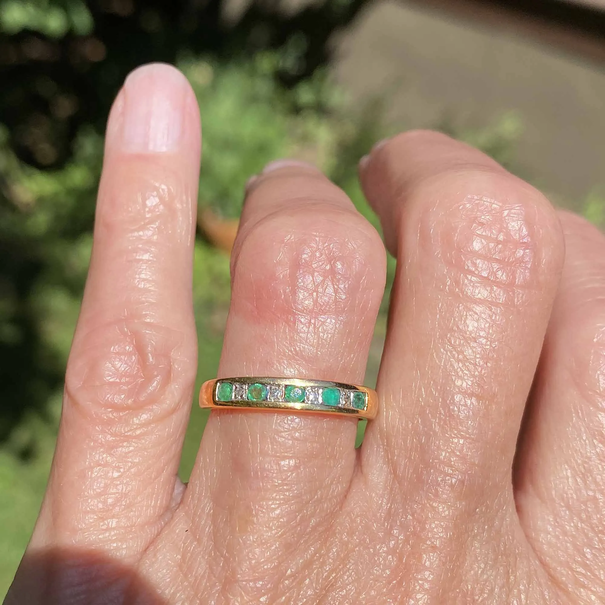 Half Eternity Emerald Diamond Ring Band in Gold