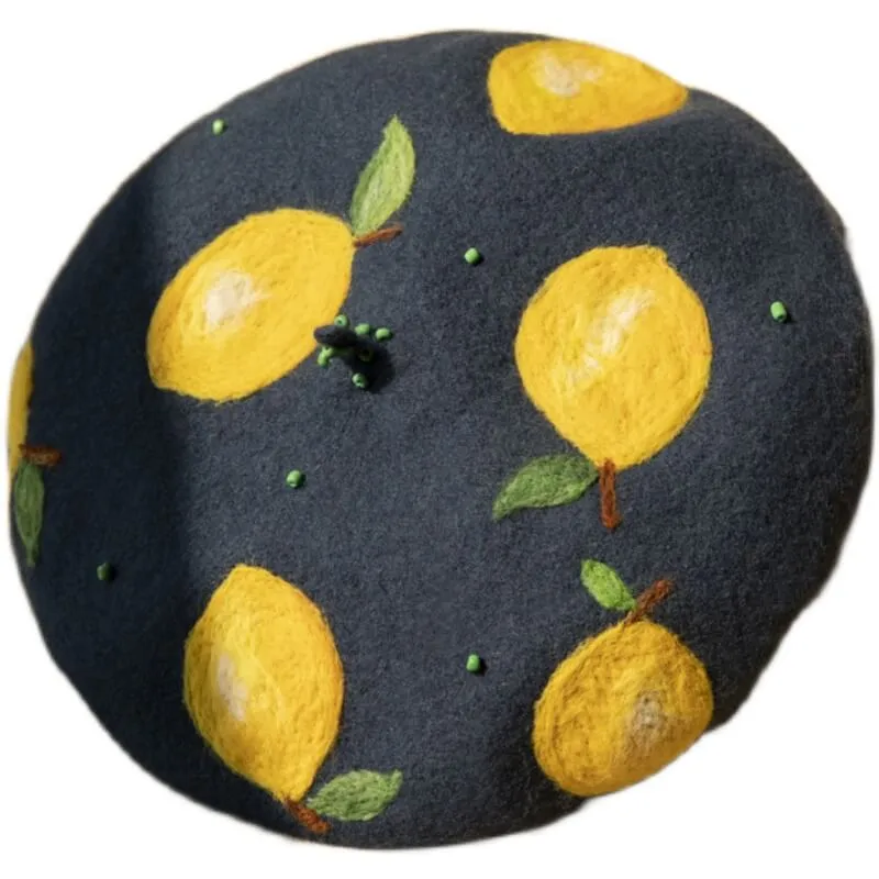 Handmade wool felt lemon Beret by0148