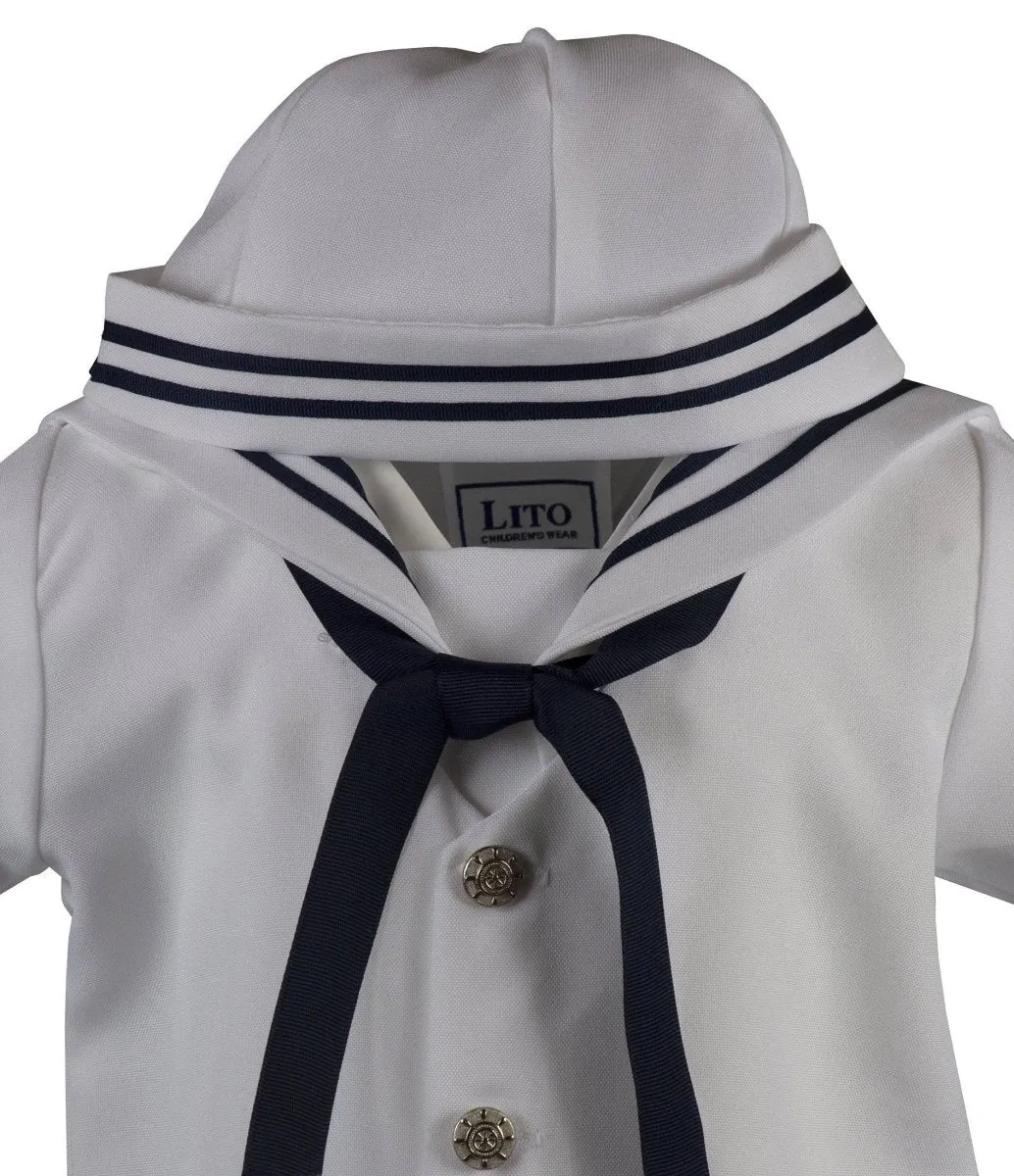 Infant Toddler White with Navy Blue Vintage Cruise Romper Outfit with Sailor Hat