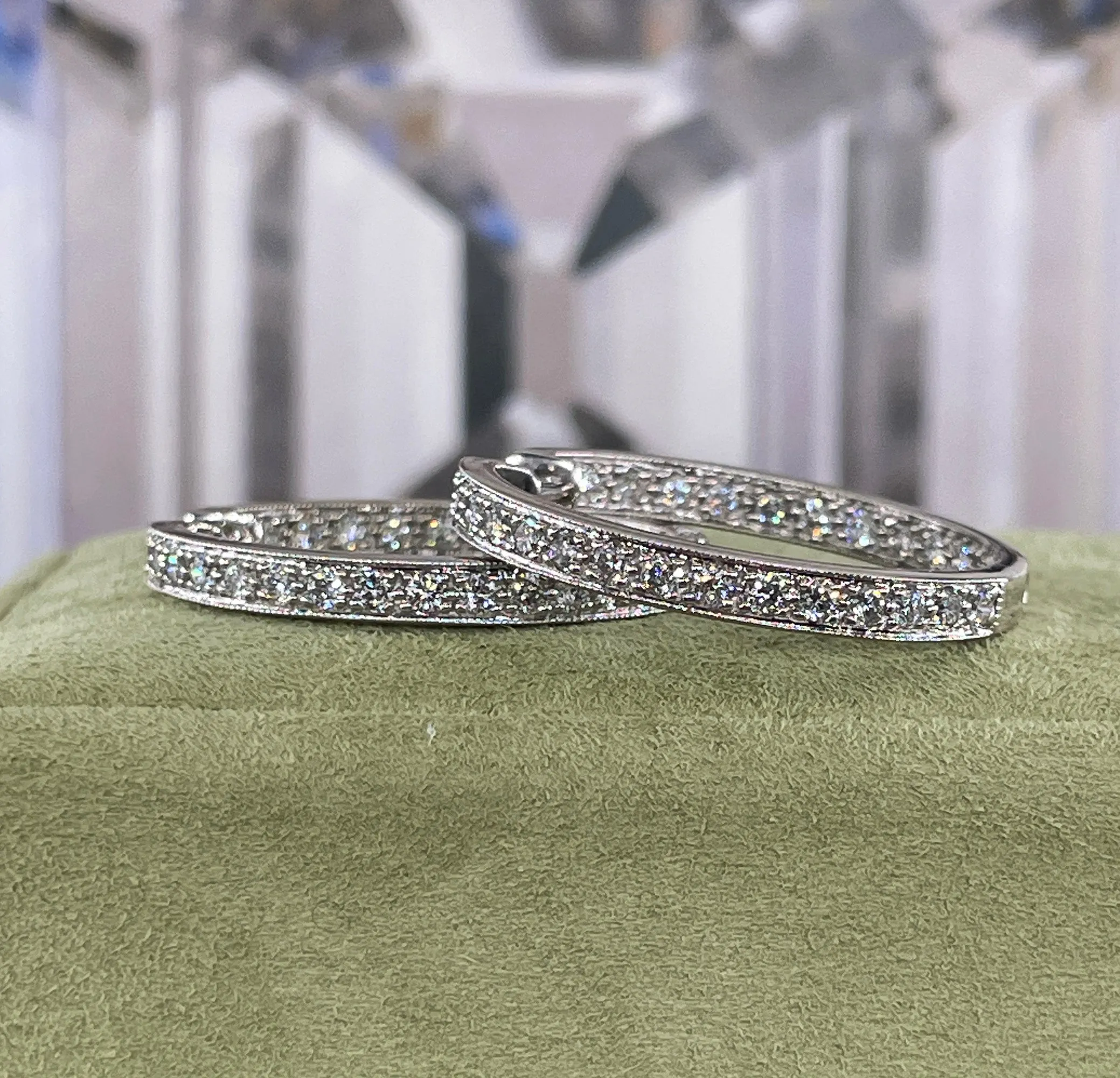 Inside Out Estate Round Pave 3.0ctw Diamond 14k White Gold Hoop Earrings