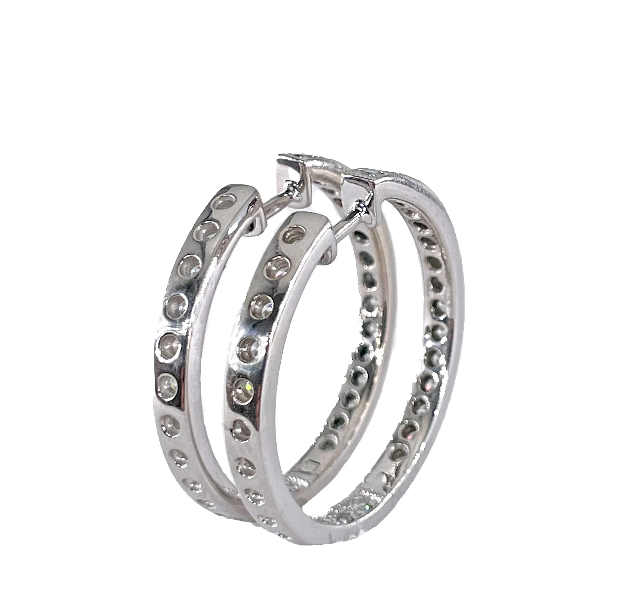 Inside Out Estate Round Pave 3.0ctw Diamond 14k White Gold Hoop Earrings