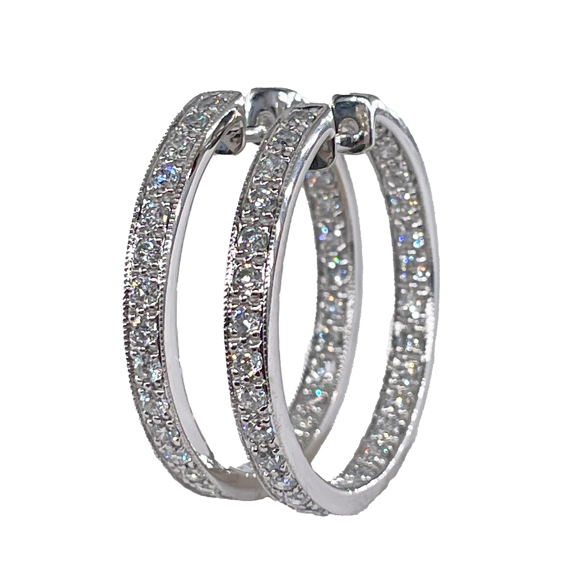 Inside Out Estate Round Pave 3.0ctw Diamond 14k White Gold Hoop Earrings