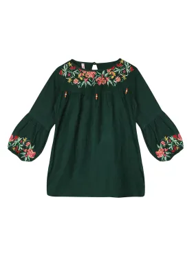 Ishin Girls Viscose Rayon Green Embroidered Top