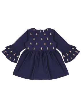 Ishin Girls Viscose Rayon Navy Blue Embroidered Top