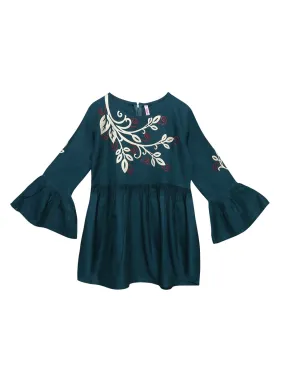 Ishin Girls Viscose Rayon Teal Embroidered Top