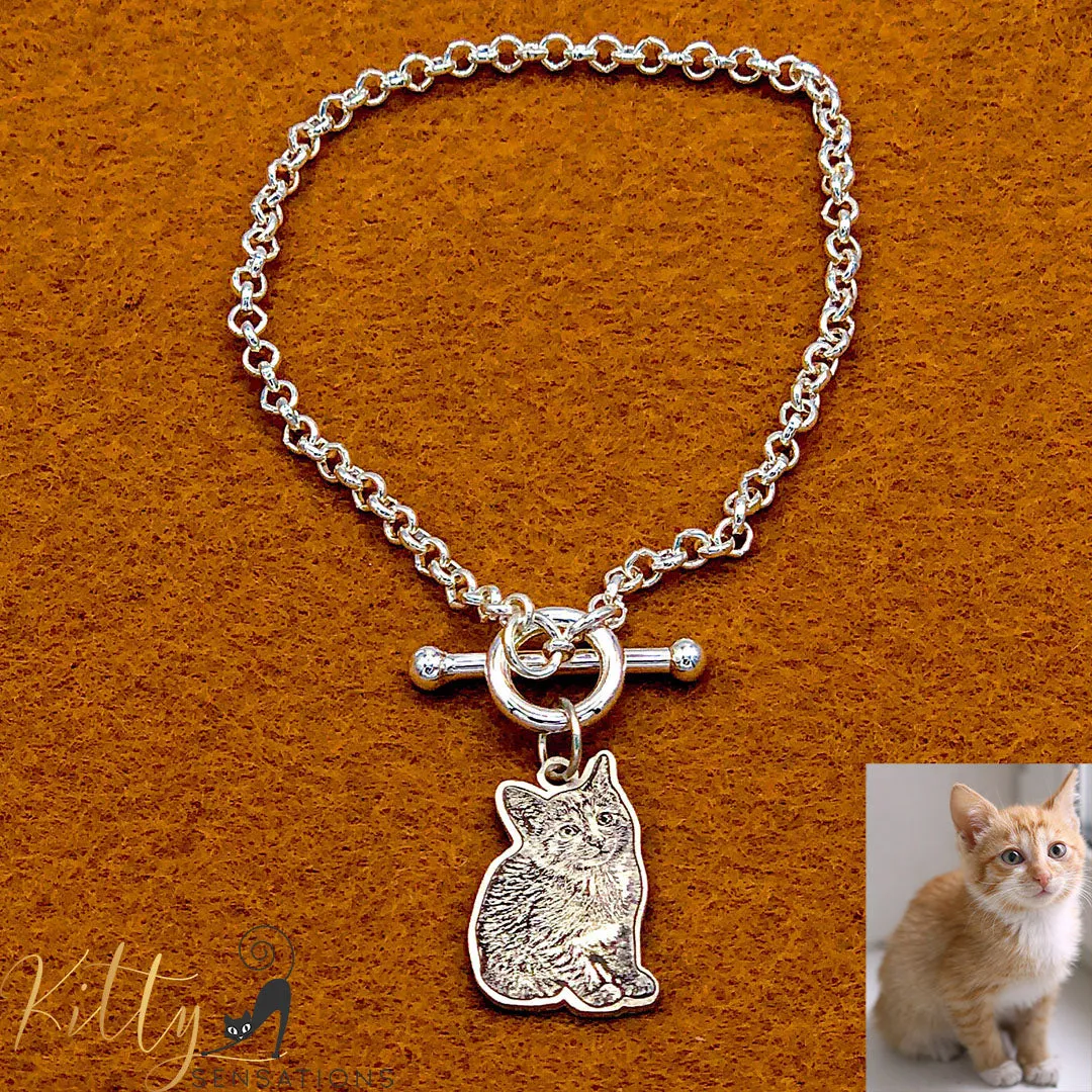 KittySensations Custom Cat Charm Bracelet with Personal Engraving in Solid 925 Sterling Silver