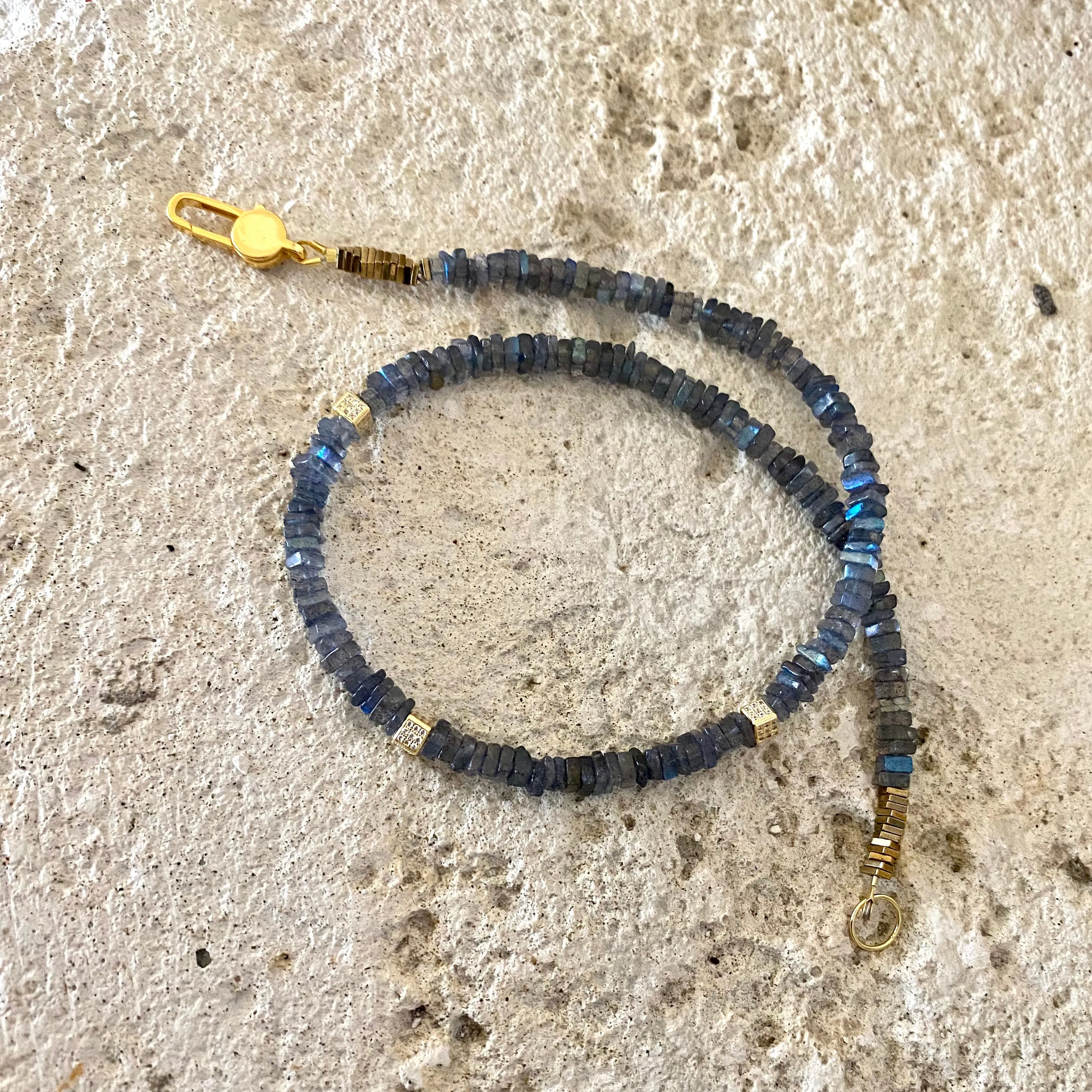 Labradorite Choker Necklace with Gold Vermeil Details and Clasp, 15inches