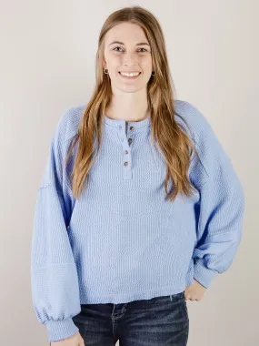 Light Blue Ribbed Knit Henley Top