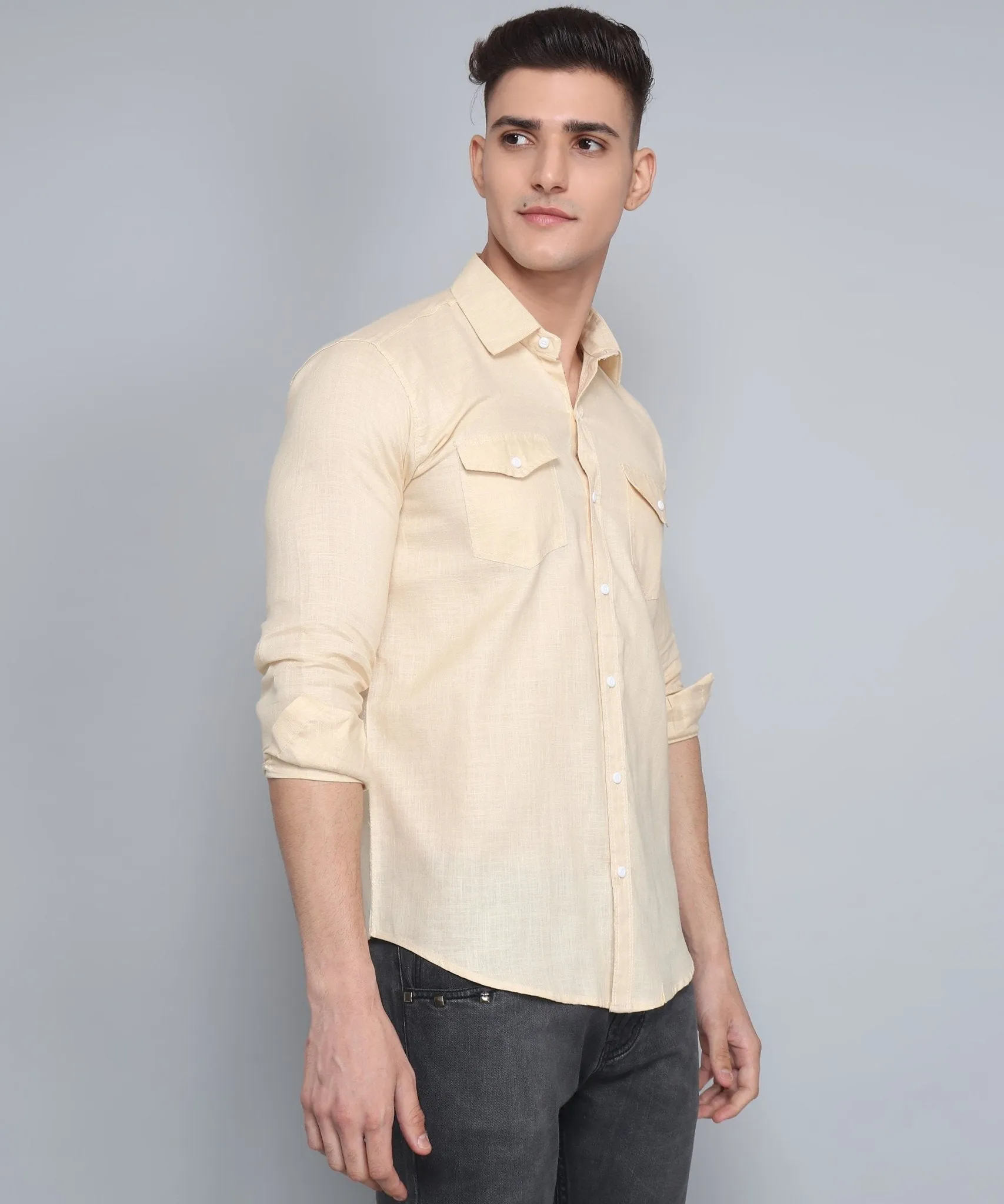 Men's Designer TryBuy Premium Cream Solid Cotton Linen Double Pocket Button-Up Shirt For Men