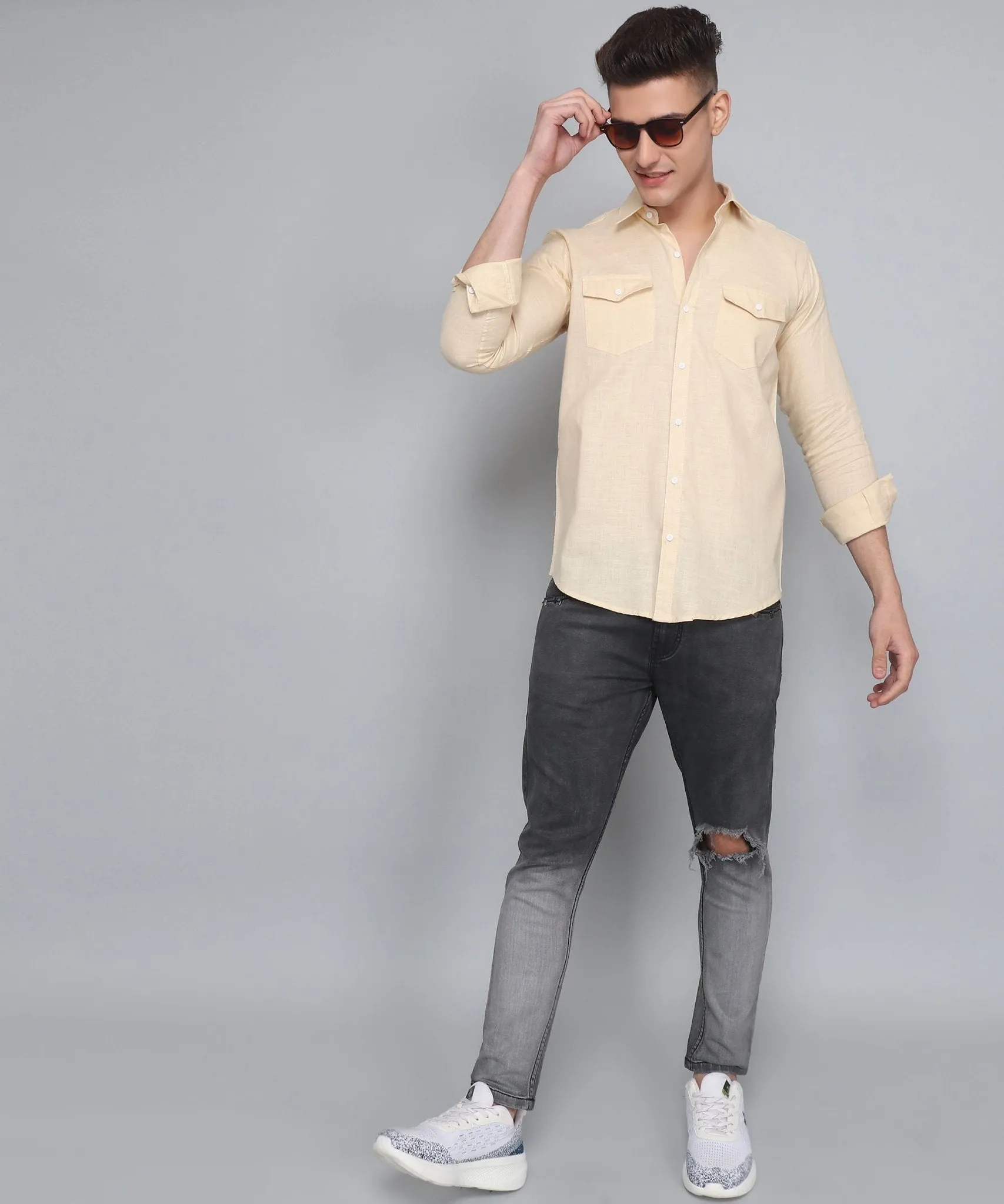 Men's Designer TryBuy Premium Cream Solid Cotton Linen Double Pocket Button-Up Shirt For Men