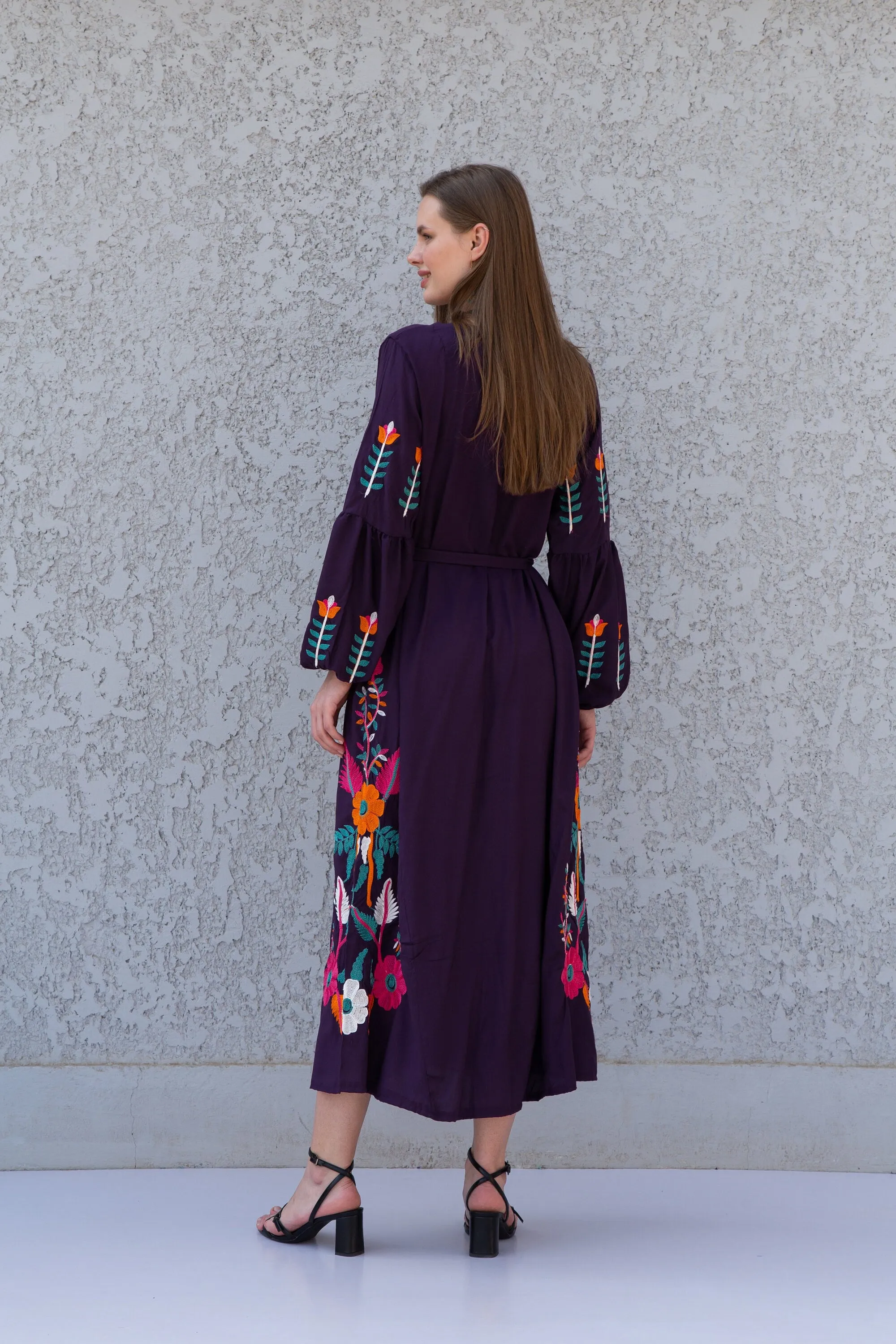 Midi Purple cotton kaftan dress, embroidered tunic dress, embroidered tunic kaftan, Egyptian cotton. Summer, party, casual, home dress