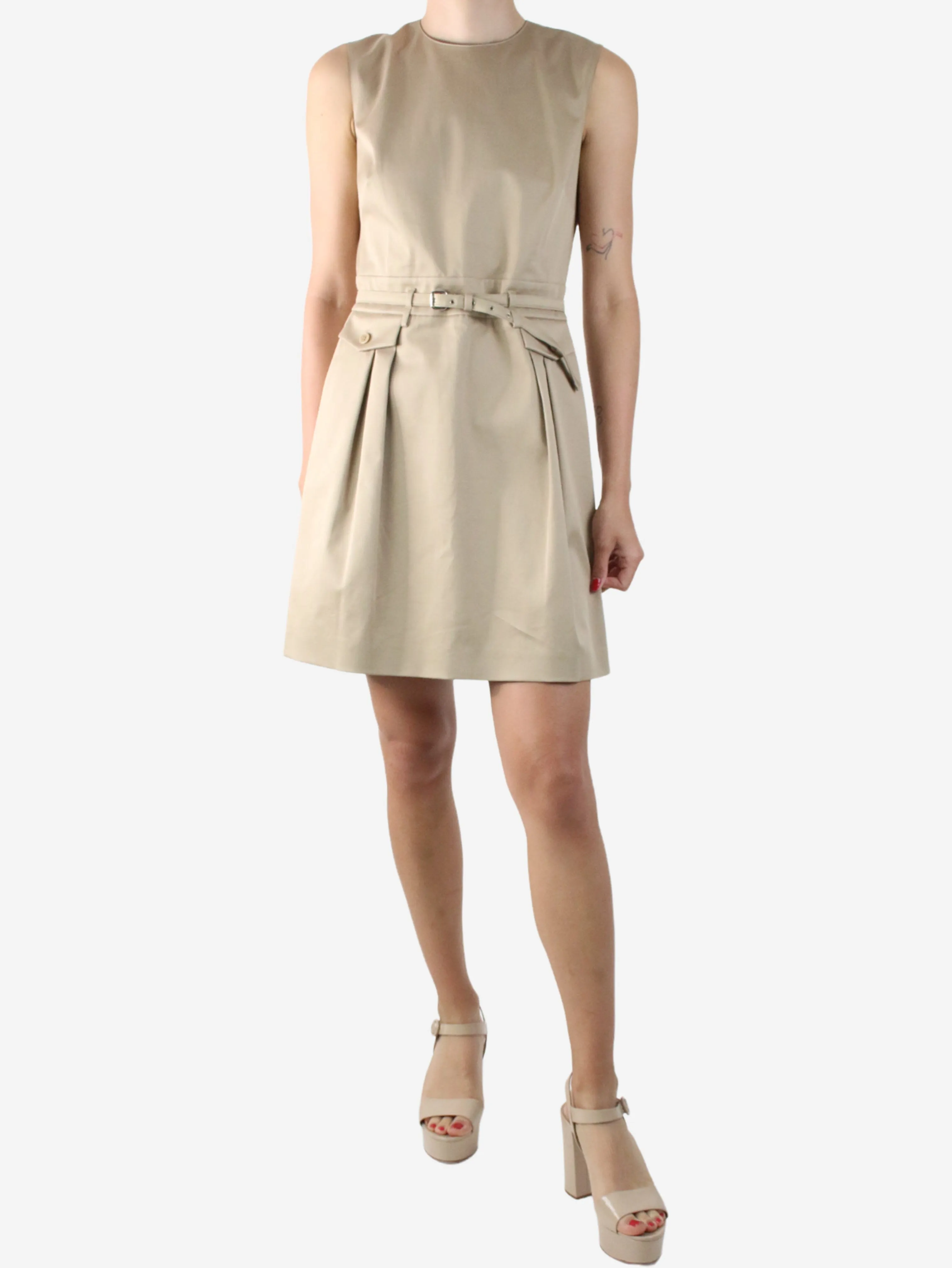 Neutral sleeveless pocket dress with belt - size IT 42