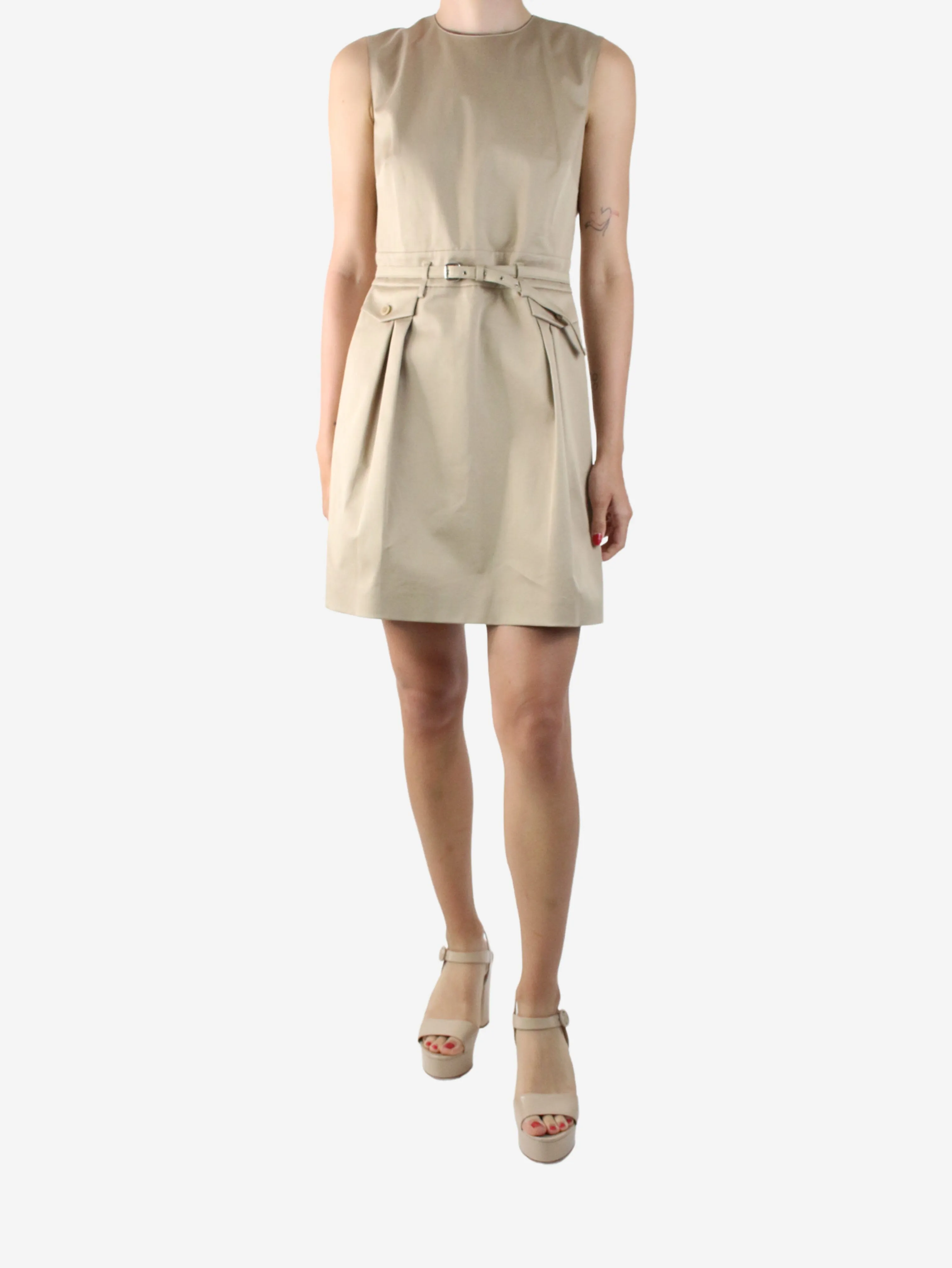 Neutral sleeveless pocket dress with belt - size IT 42