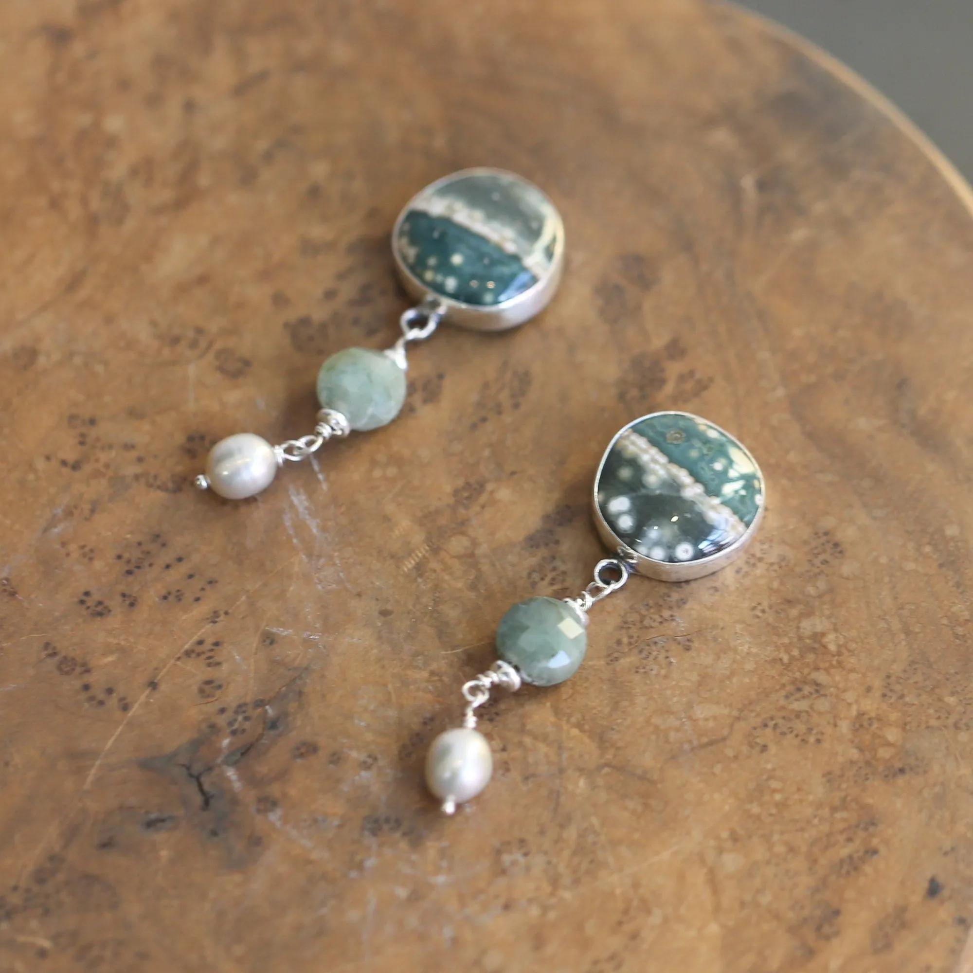 Ocean Jasper Posts with Jade and Peals - Silversmith Post Earrings - Sterling Silver Studs