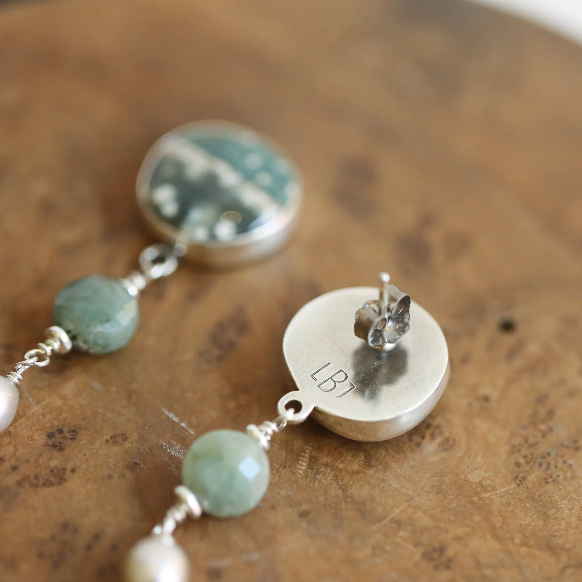 Ocean Jasper Posts with Jade and Peals - Silversmith Post Earrings - Sterling Silver Studs