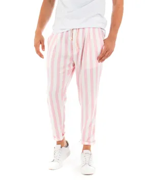 Pantaloni Uomo Pantalaccio Cotone Viscosa Rigato Rosa Elastico Casual GIOSAL-P5271A