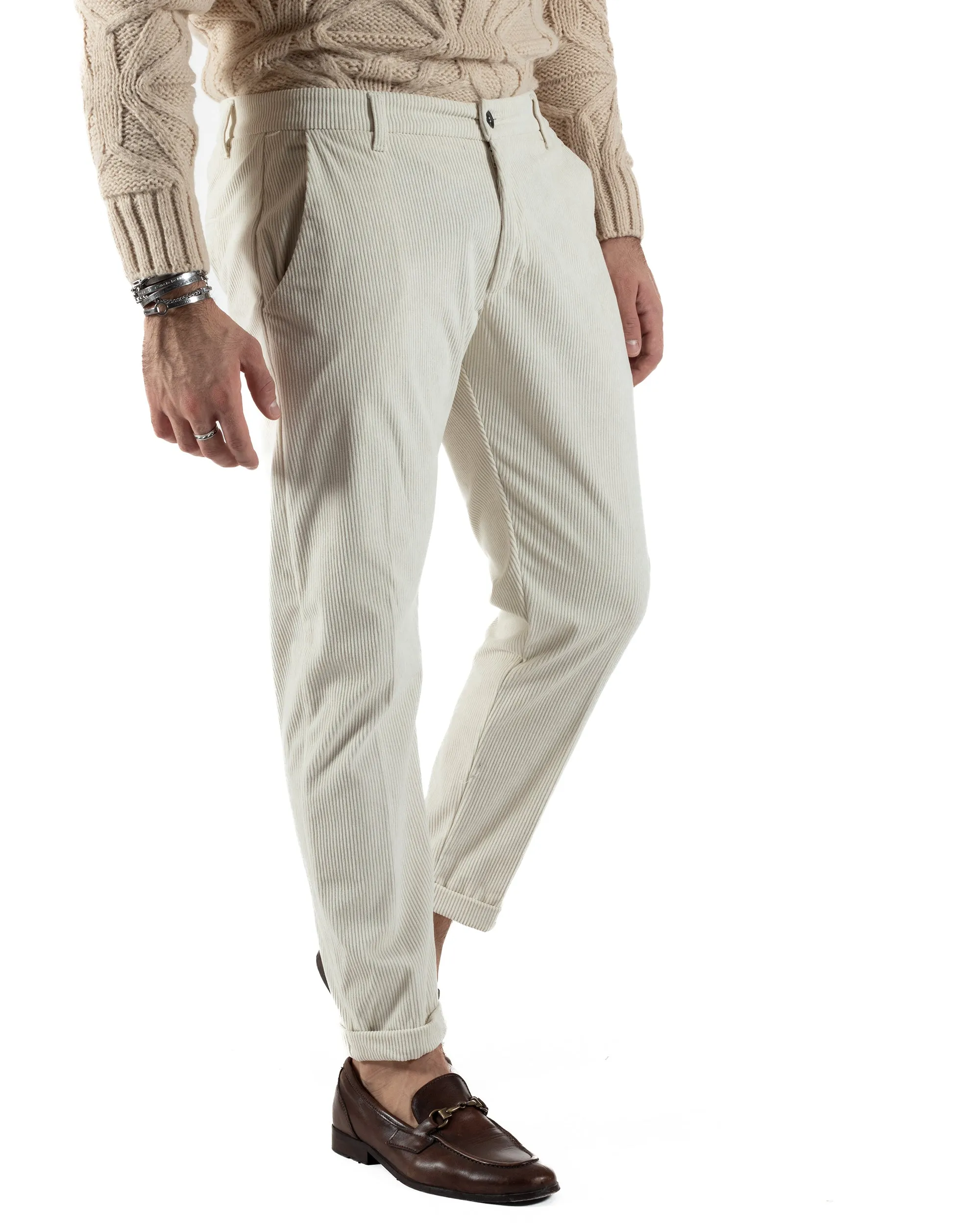 Pantaloni Uomo Tasca America Classico Velluto Costine Panna Casual GIOSAL-P6005A