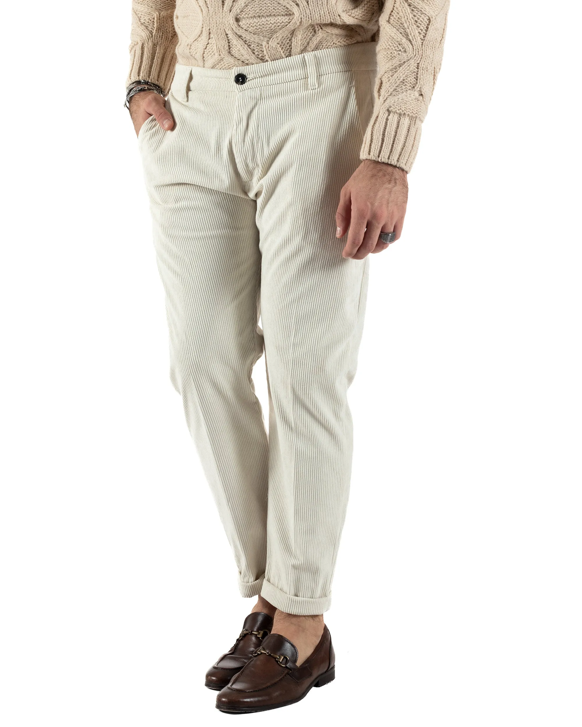 Pantaloni Uomo Tasca America Classico Velluto Costine Panna Casual GIOSAL-P6005A