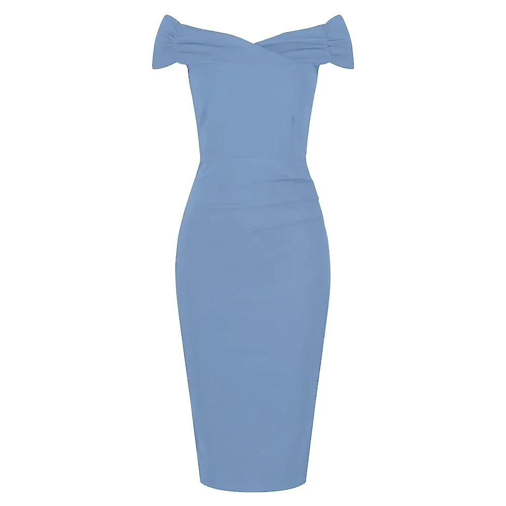 Pretty Blue Cap Sleeve Crossover Top Bardot Wiggle Pencil Dress