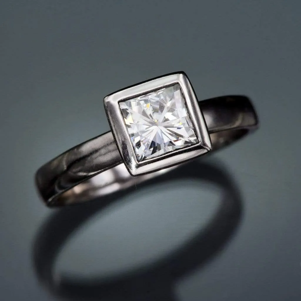 Princess Cut Moissanite Bezel Solitaire Engagement Ring